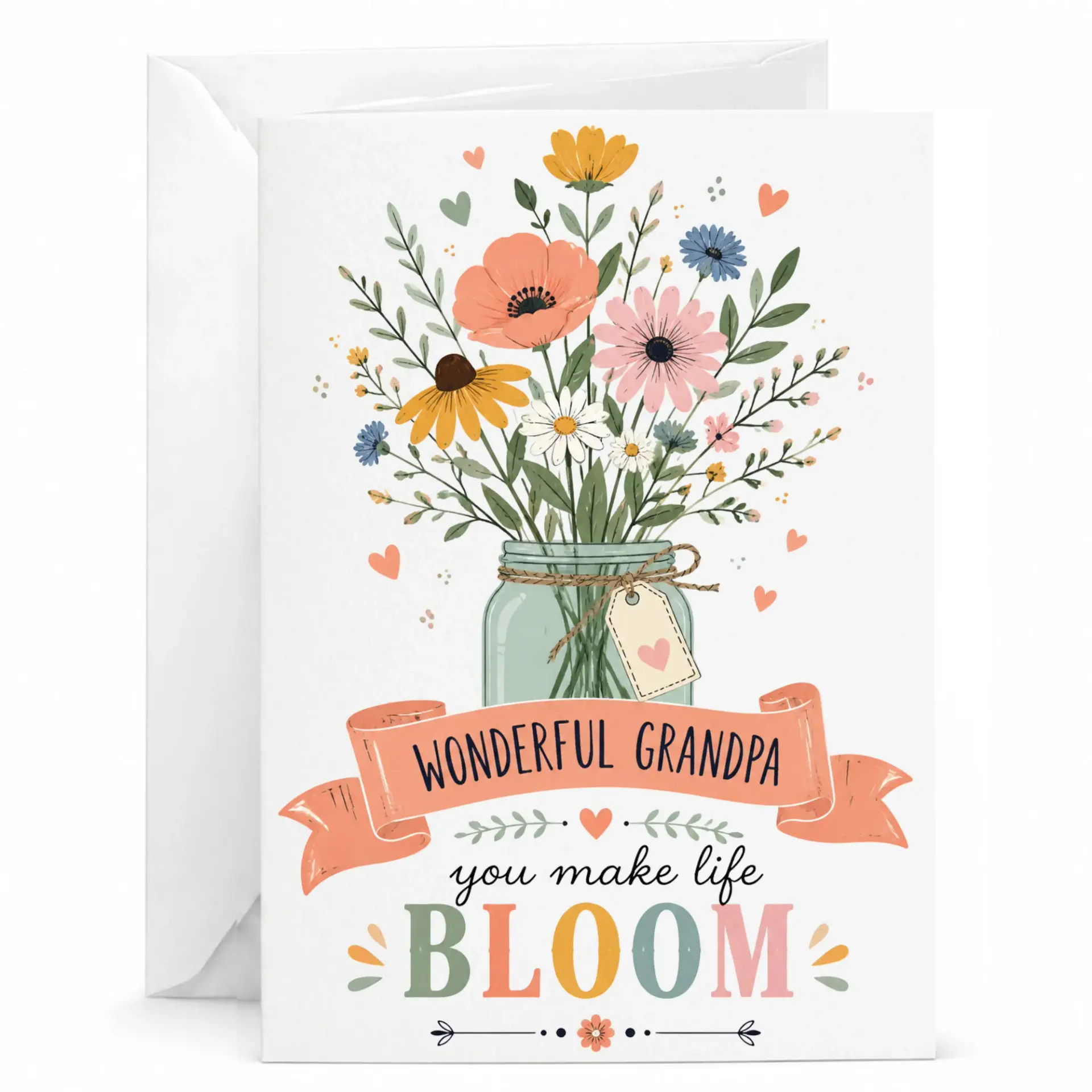 Greeting Card for Wonderful Grandpa Featuring Watercolor Floral and Mason Jar Artwork Heartfelt Appreciation