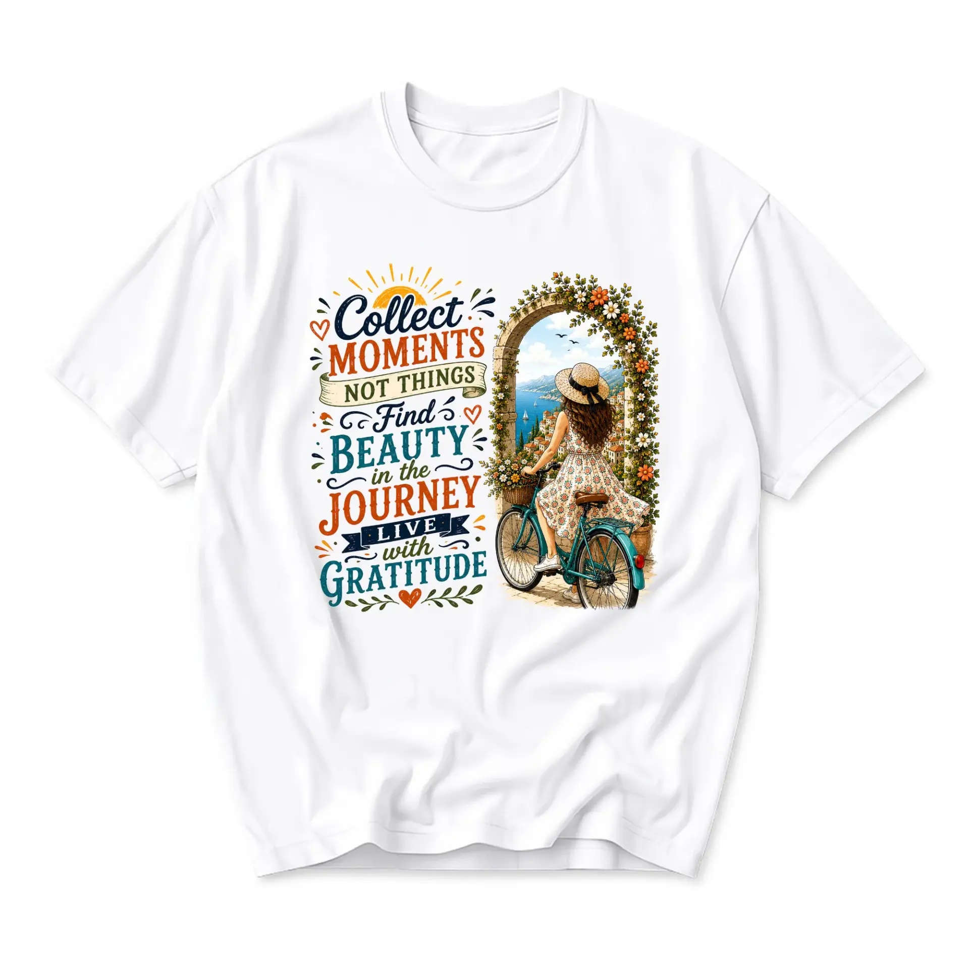 Graphic Tee Collect Moments Not Things Inspirational Quote Shirt Artistic Bicycle Illustration Unisex Crew Neck Top