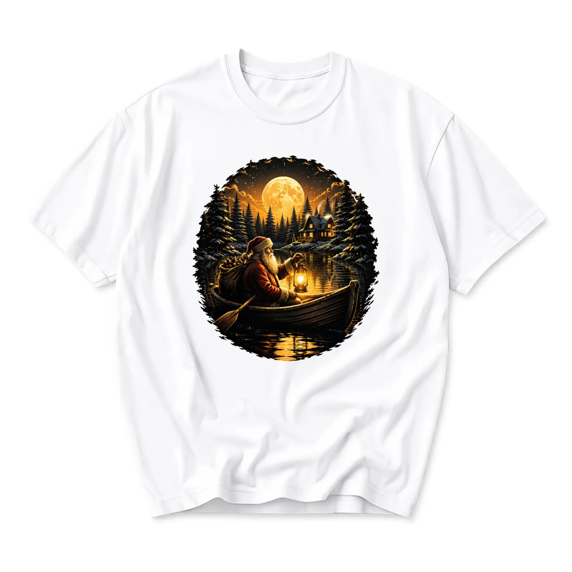 Graphic Tee Santa Claus Rowing Boat in Forest Scene Unisex Crew Neck Cotton Blend Casual Short Sleeve Shirt