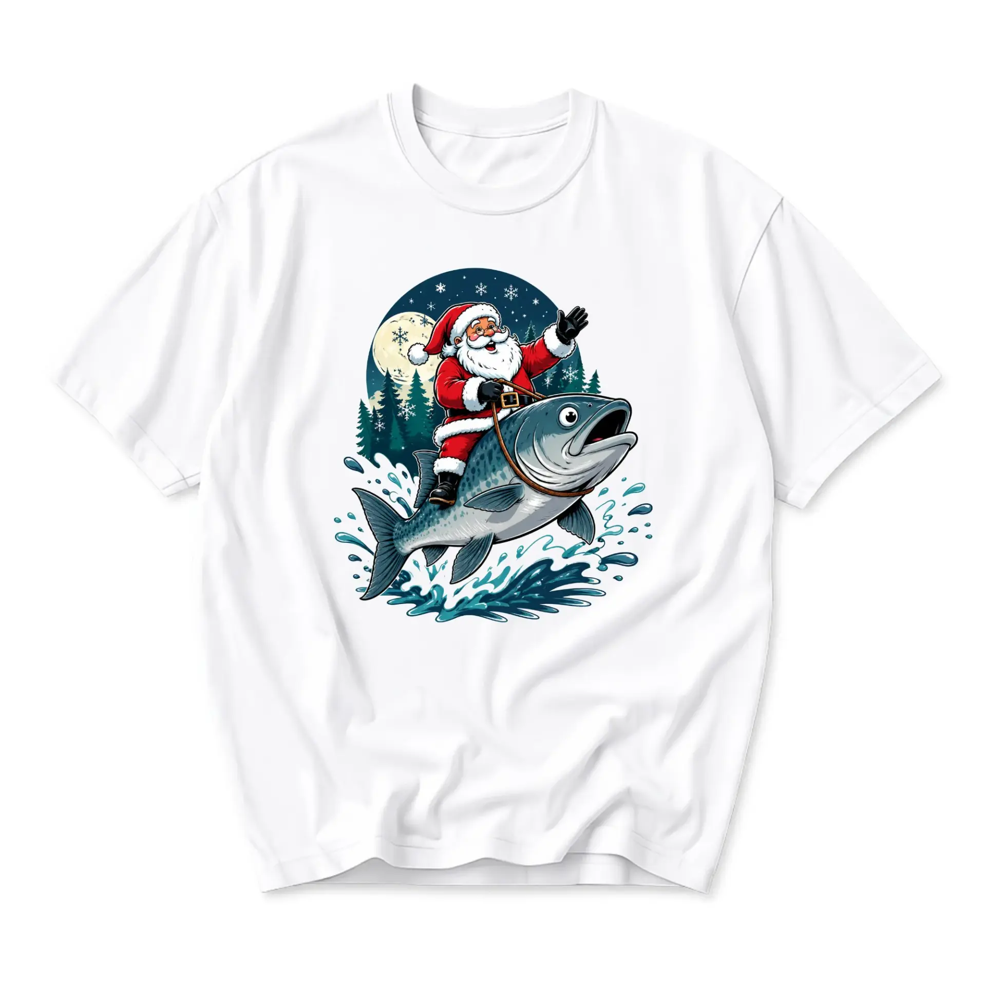 Funny Shirt Santa Riding a Giant Fish Graphic Tee for Holiday Casual Wear