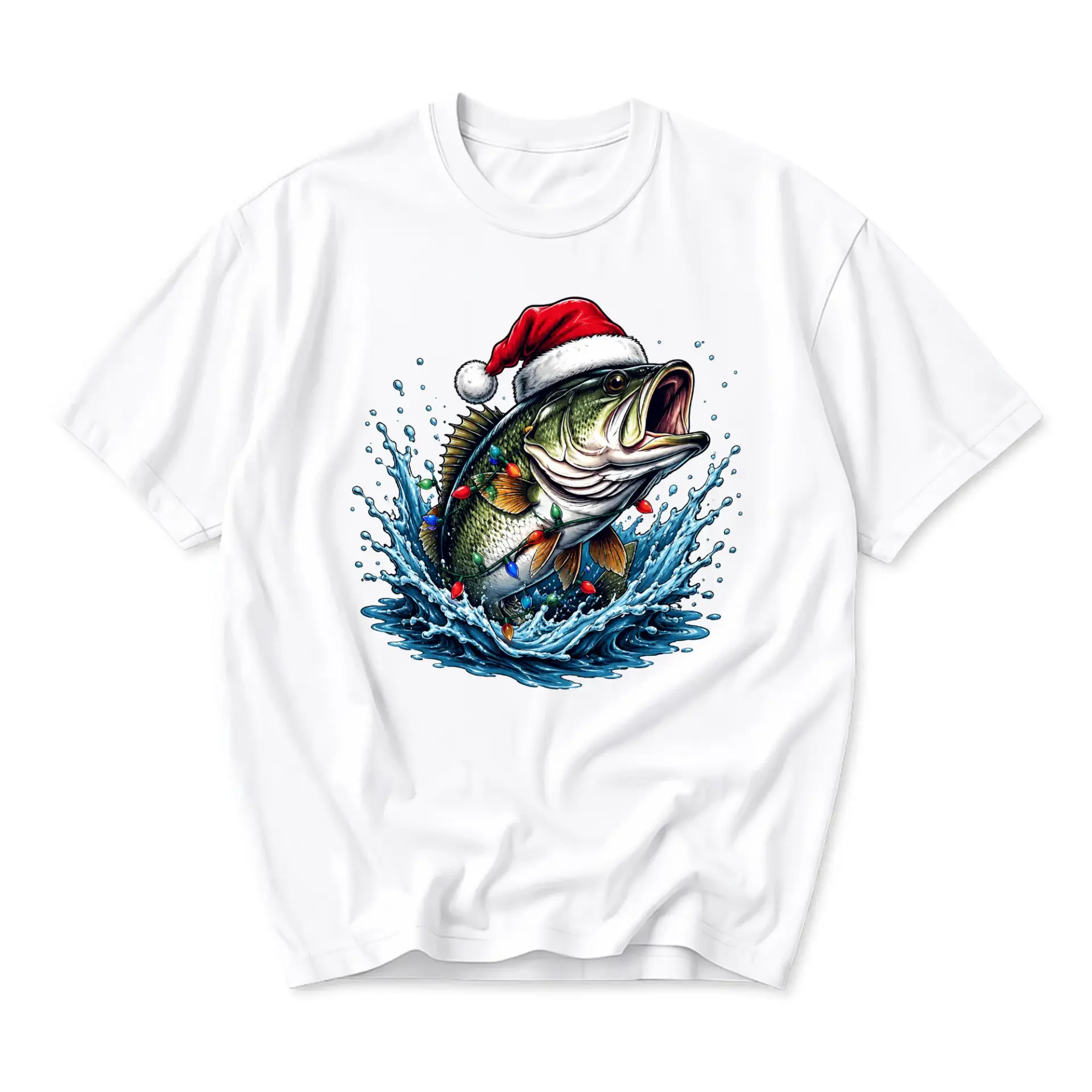 Graphic Tee Unisex Crew Neck Short Sleeve Shirt Featuring Fish Wearing Santa Hat and Holiday Lights Design