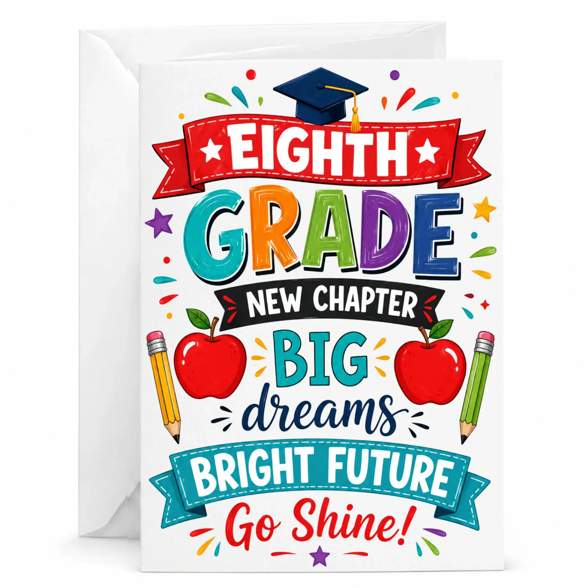 Greeting Card Eighth Promotion Bright Colorful Design for Graduation and New Academic