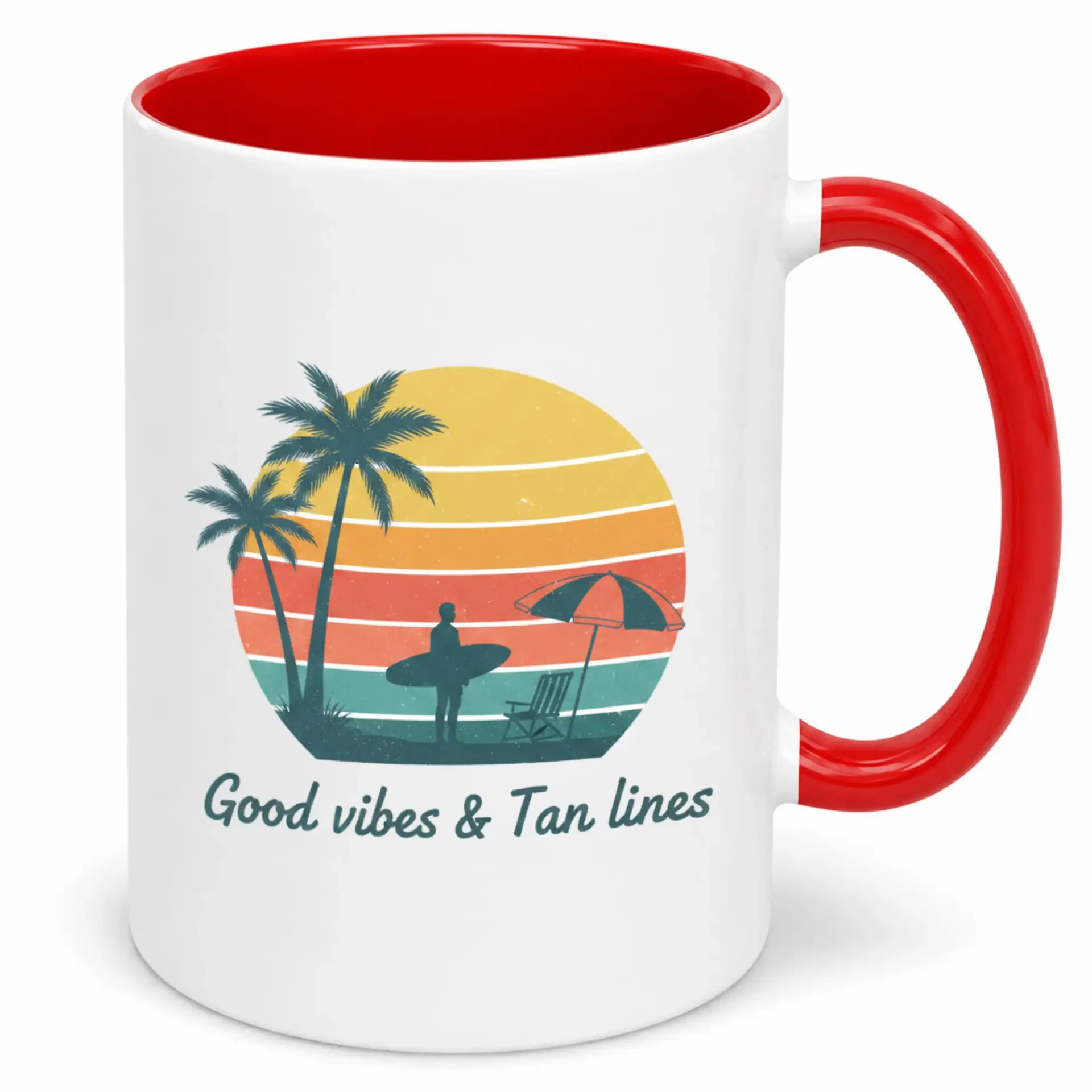 Coffee Mug with Beach Sunset Design and "good Vibes & Tan Lines" Text, White Ceramic Cup with Red Handle and Interior for Summer Drinkware