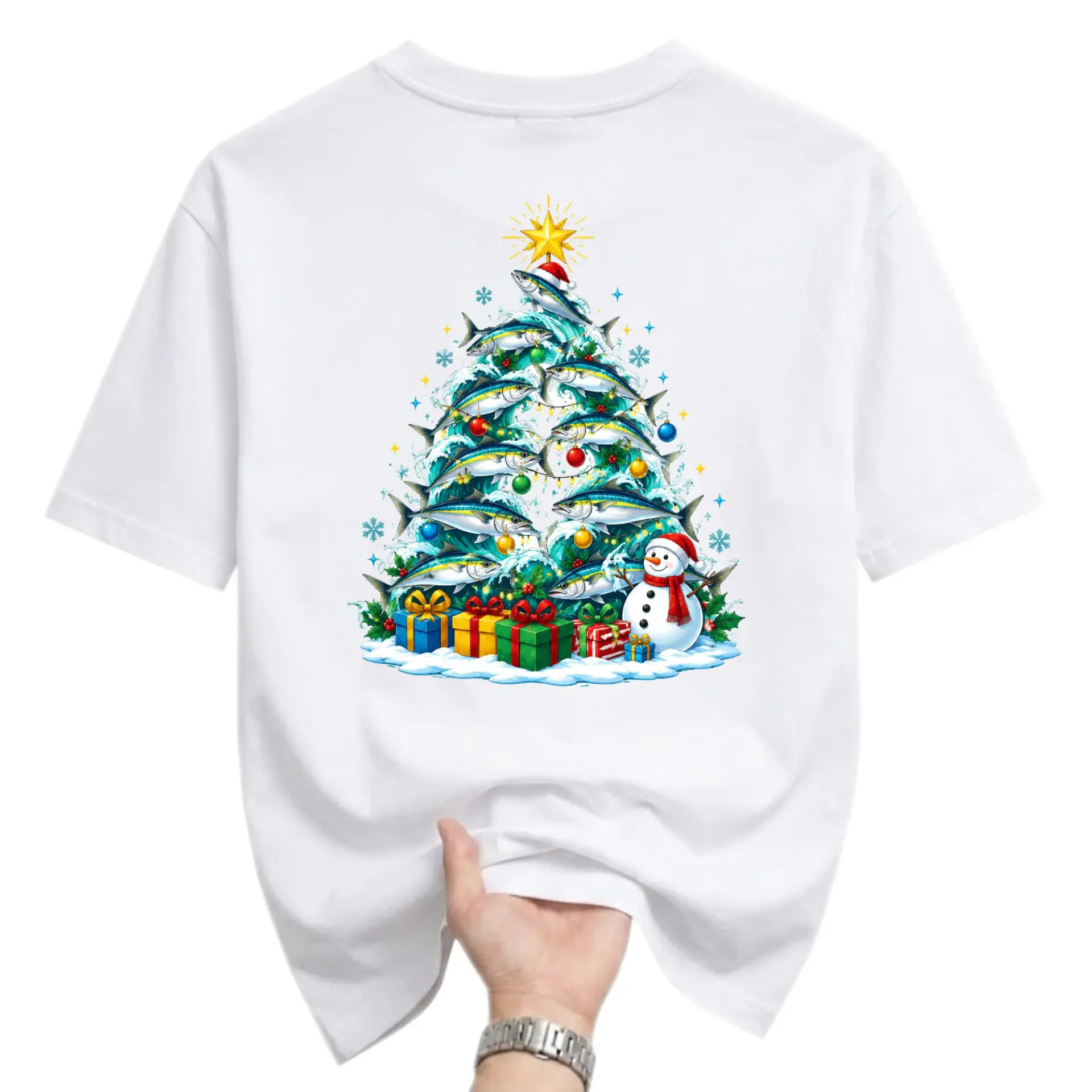 Graphic Tee Christmas Fishing Tree Print Unisex Crew Neck Shirt for Holiday Season Casual Wear and Festive Outfits