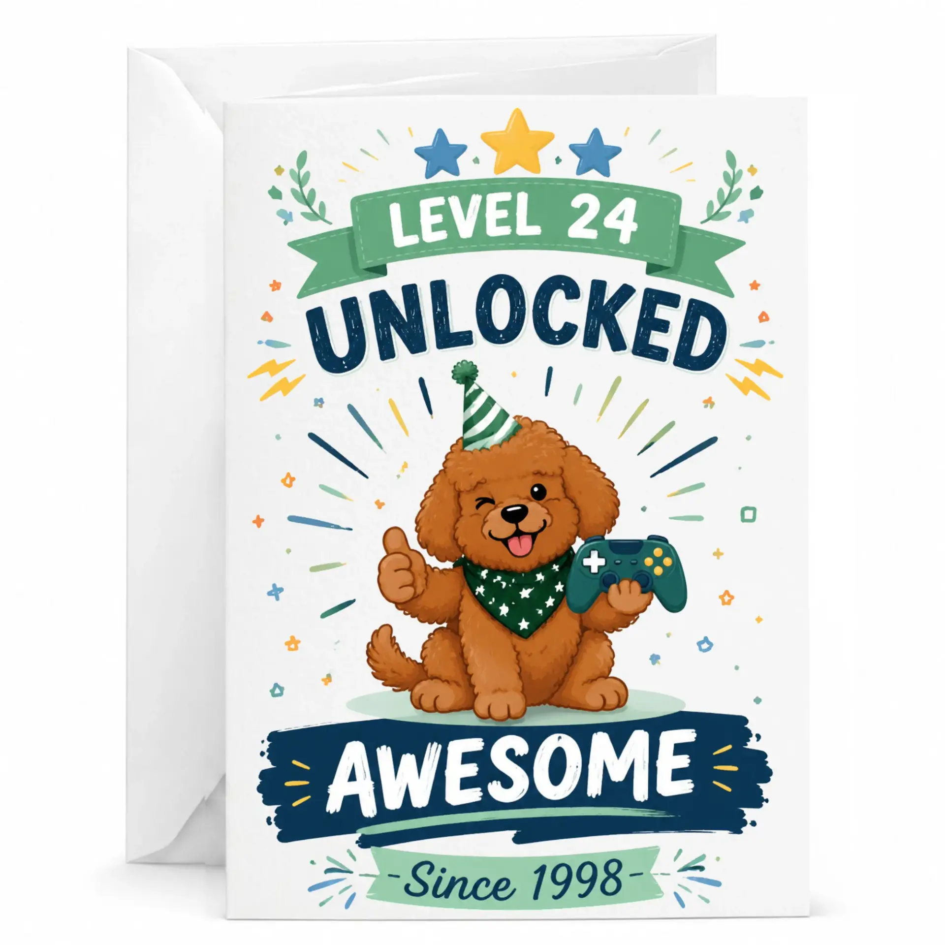 Birthday Card Level 24 Unlocked Funny Gaming Dog Greeting Card for Twenty Fourth Birthday Milestone Celebration 5x7 Inch