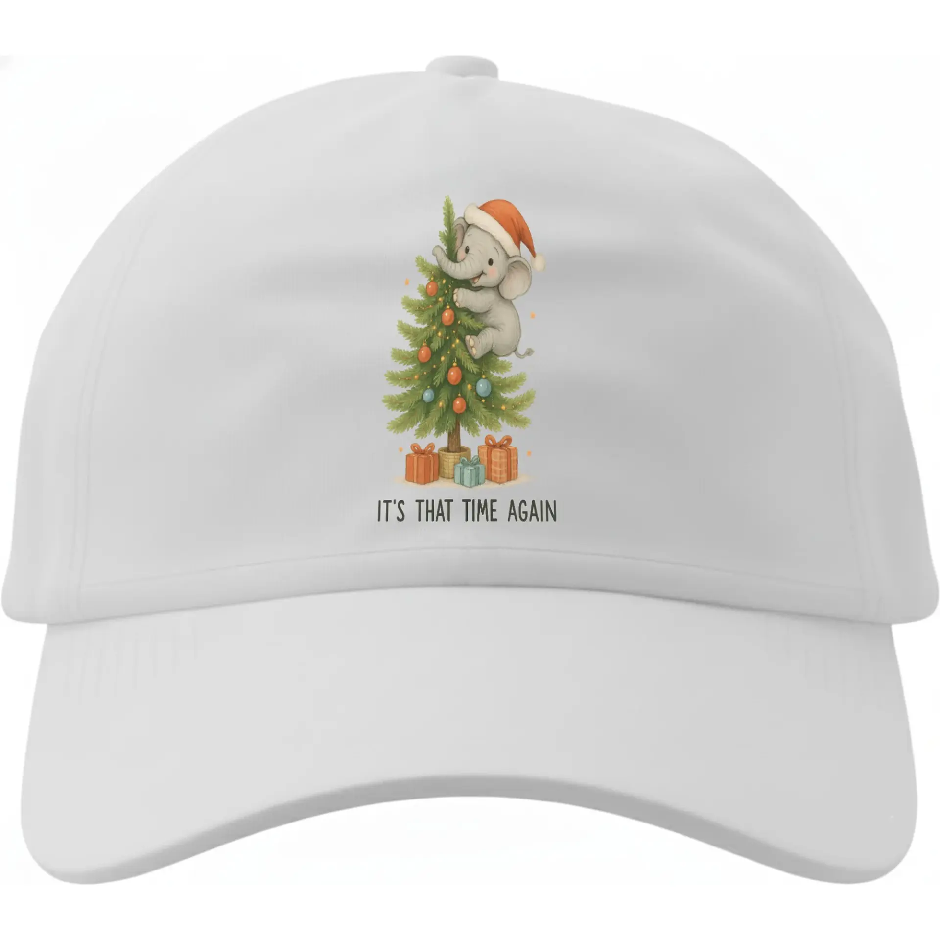 Baseball Cap Featuring a Cute Elephant Decorating a Christmas Tree Design with Holiday Greeting Text Print White