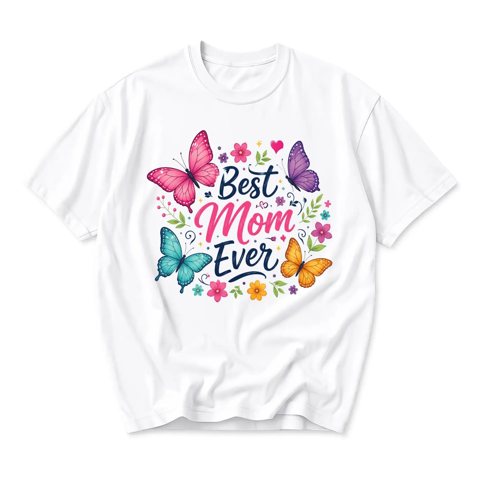 Graphic Tee Best Mom Ever Butterfly Floral Print Casual Unisex Crew Neck T-Shirt Soft Cotton Blend Everyday Apparel