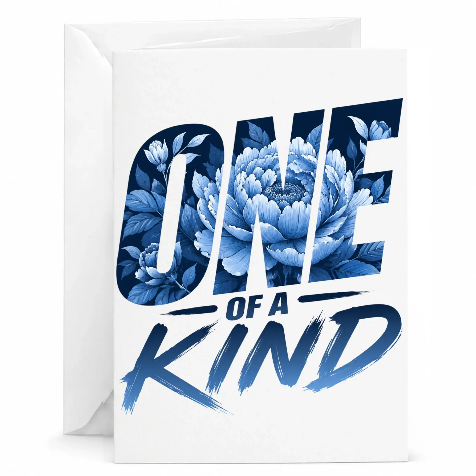 One of a Kind Floral Greeting Card with Envelope, Blue Botanical Typography Design, Folded Note Card for Any Occasion