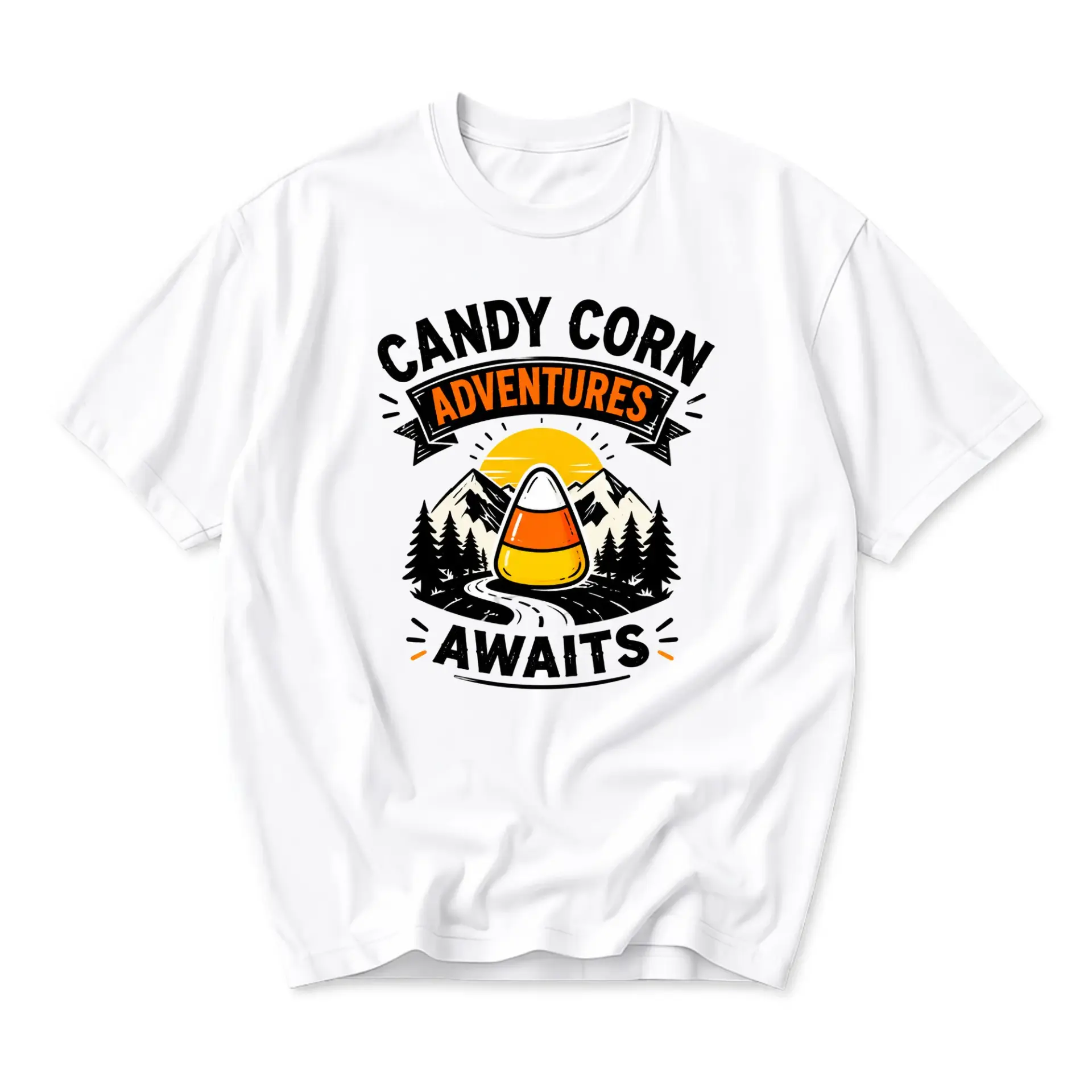 Graphic Tee Candy Corn Adventures Awaits Shirt Autumn Seasonal Unisex Crew Neck Casual Wear Soft Cotton Apparel