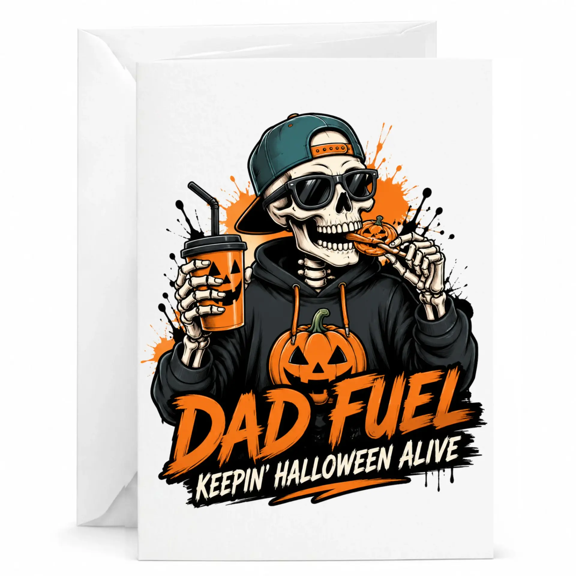 Funny Dad Fuel Halloween Greeting Card Spooky Skeleton Pumpkin Design for Fall Holidays and Birthday Celebrations