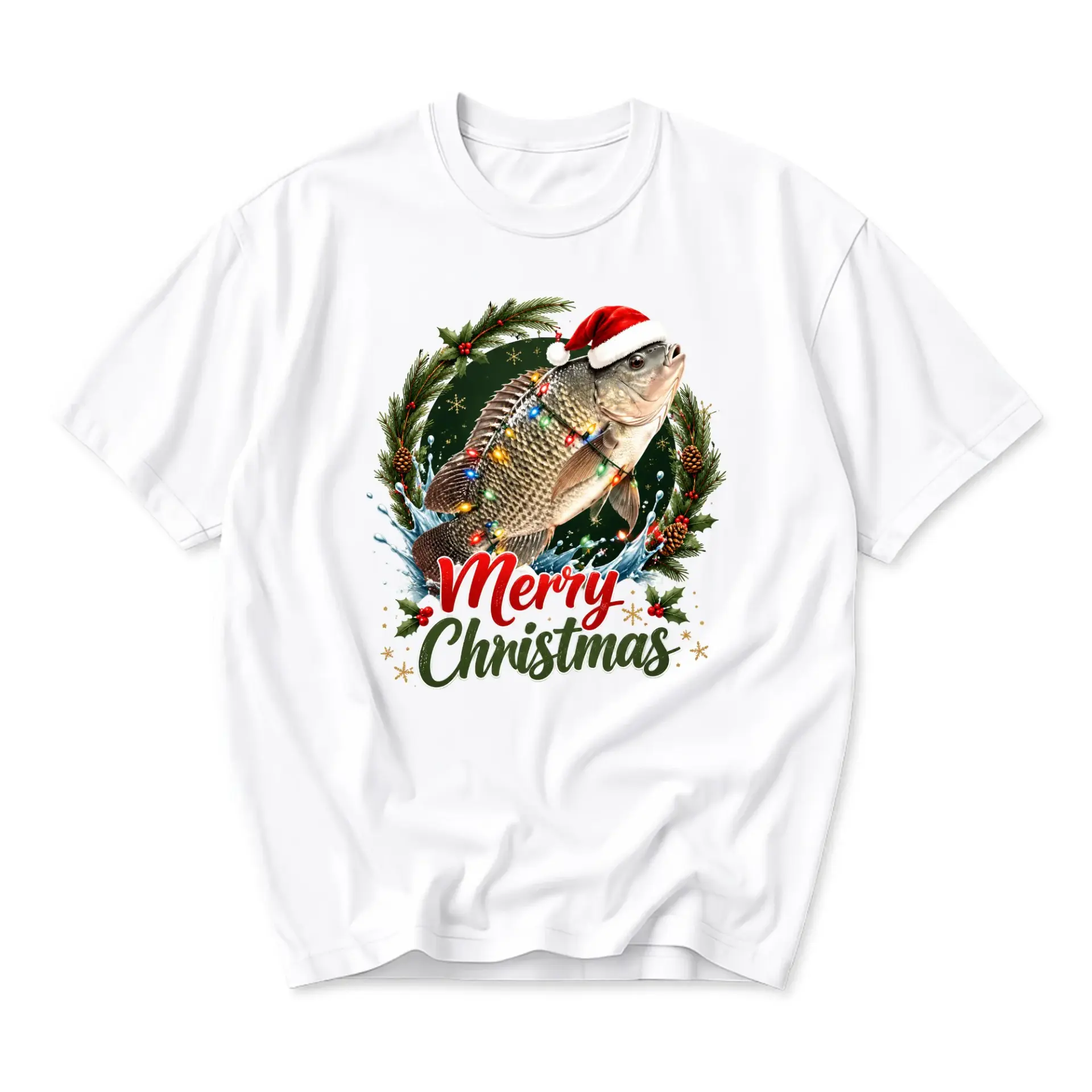 Funny Shirt Merry Christmas Fish Graphic Tee Holiday Unisex Crew Neck Casual Wear Cotton Blend Top for Fishing Lovers