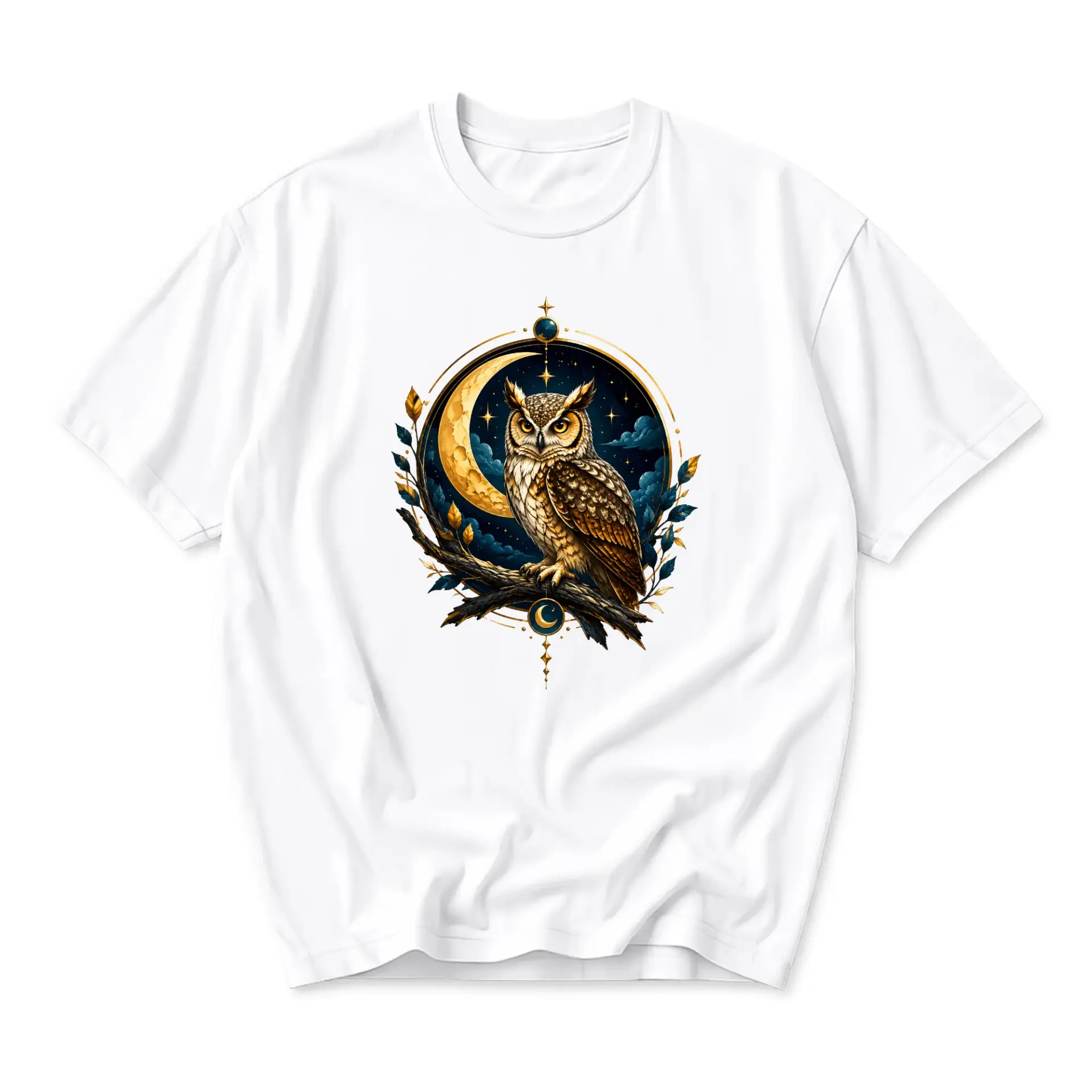 Graphic Tee Featuring Artistic Night Owl Illustration Celestial Moon Design Unisex Short Sleeve Crew Neck Cotton Shirt