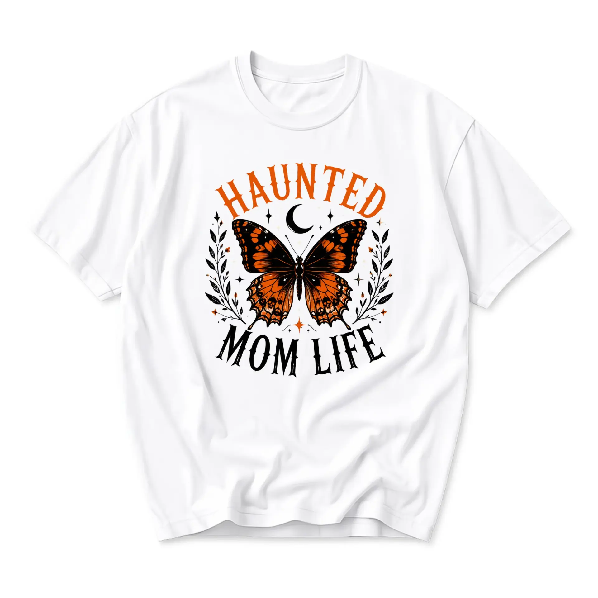 Graphic Tee Haunted Mom Life Butterfly T-Shirt Celestial Spooky Autumn Style Unisex Crew Neck Casual Everyday Top