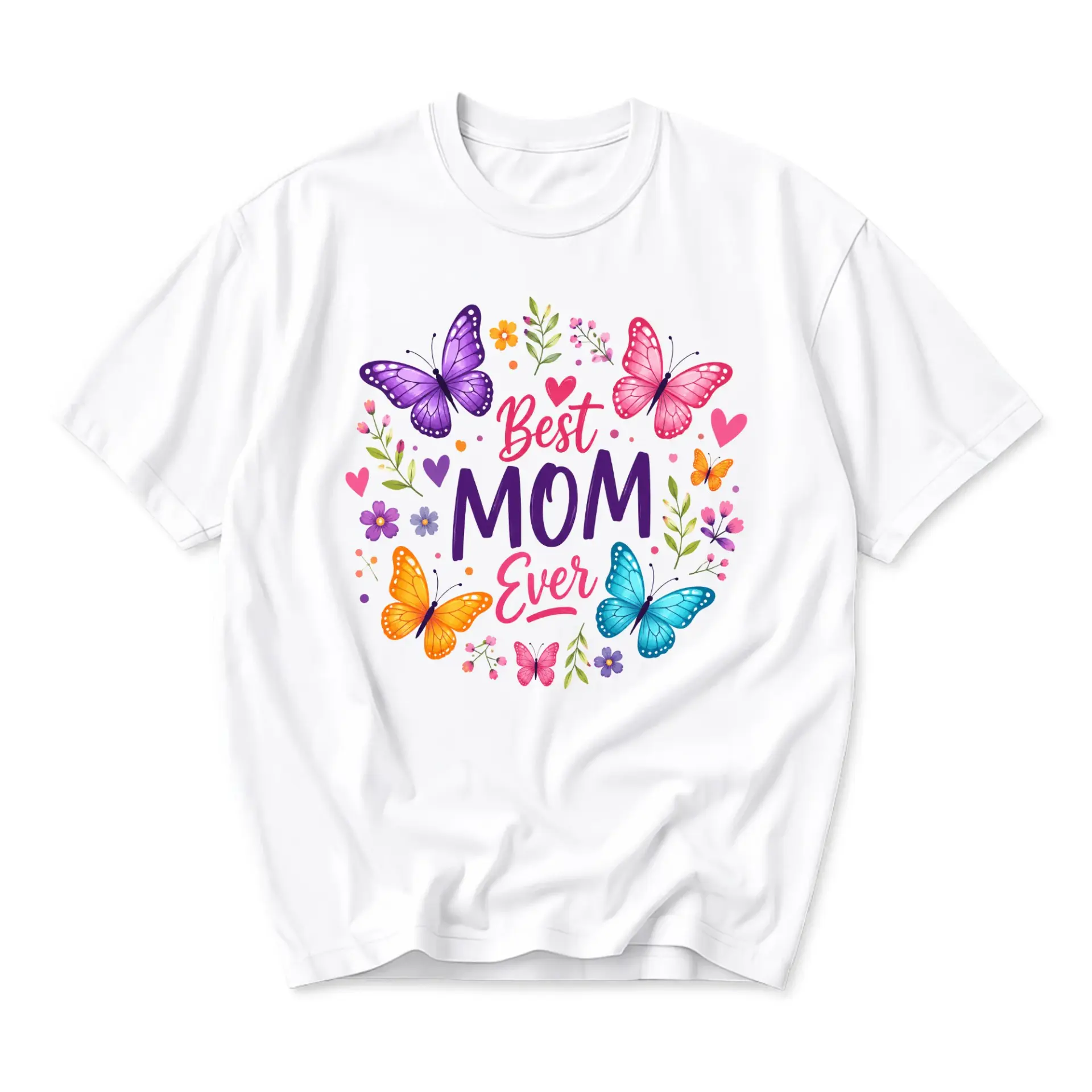 Graphic Tee Best Mom Ever Butterfly Floral Print Short Sleeve Casual Unisex Crew Neck Comfortable Cotton Shirt