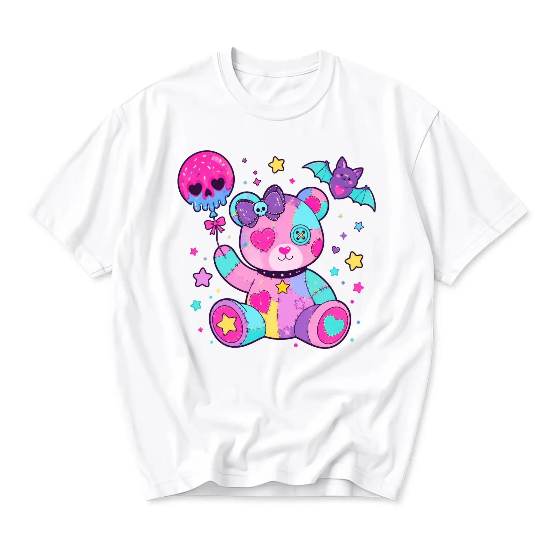 Graphic Tee Unisex Crew Neck T-Shirt Featuring Colorful Pastel Patchwork Teddy Bear and Skull Balloon Design