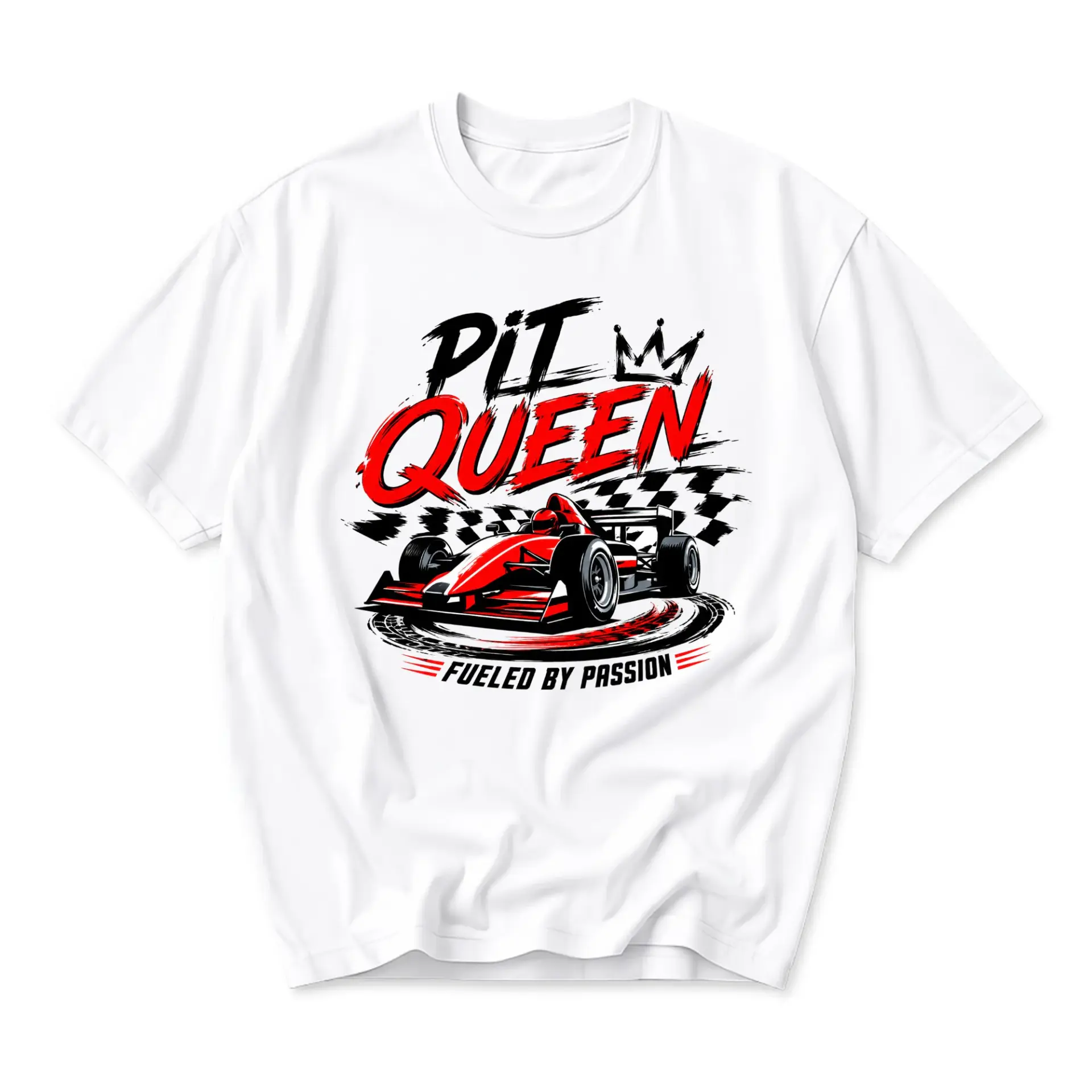 Funny Shirt Pit Queen Racing Graphic Tee Unisex Crew Neck Casual Everyday Wear Soft Cotton Blend White T-Shirt