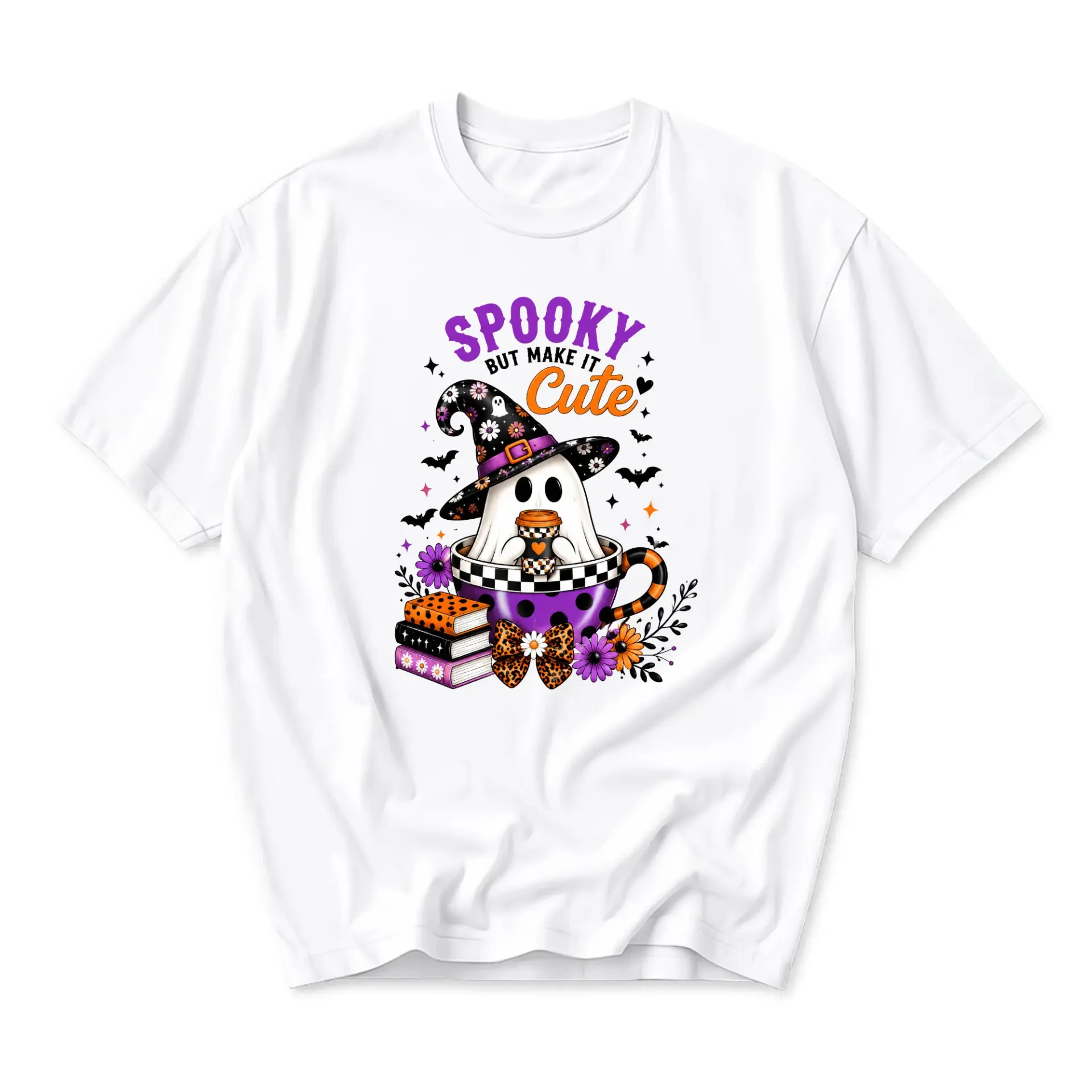 Funny Shirt Spooky but Make It Cute Graphic Tee Casual Cotton Blend Unisex Crew Neck Halloween Themed Apparel White