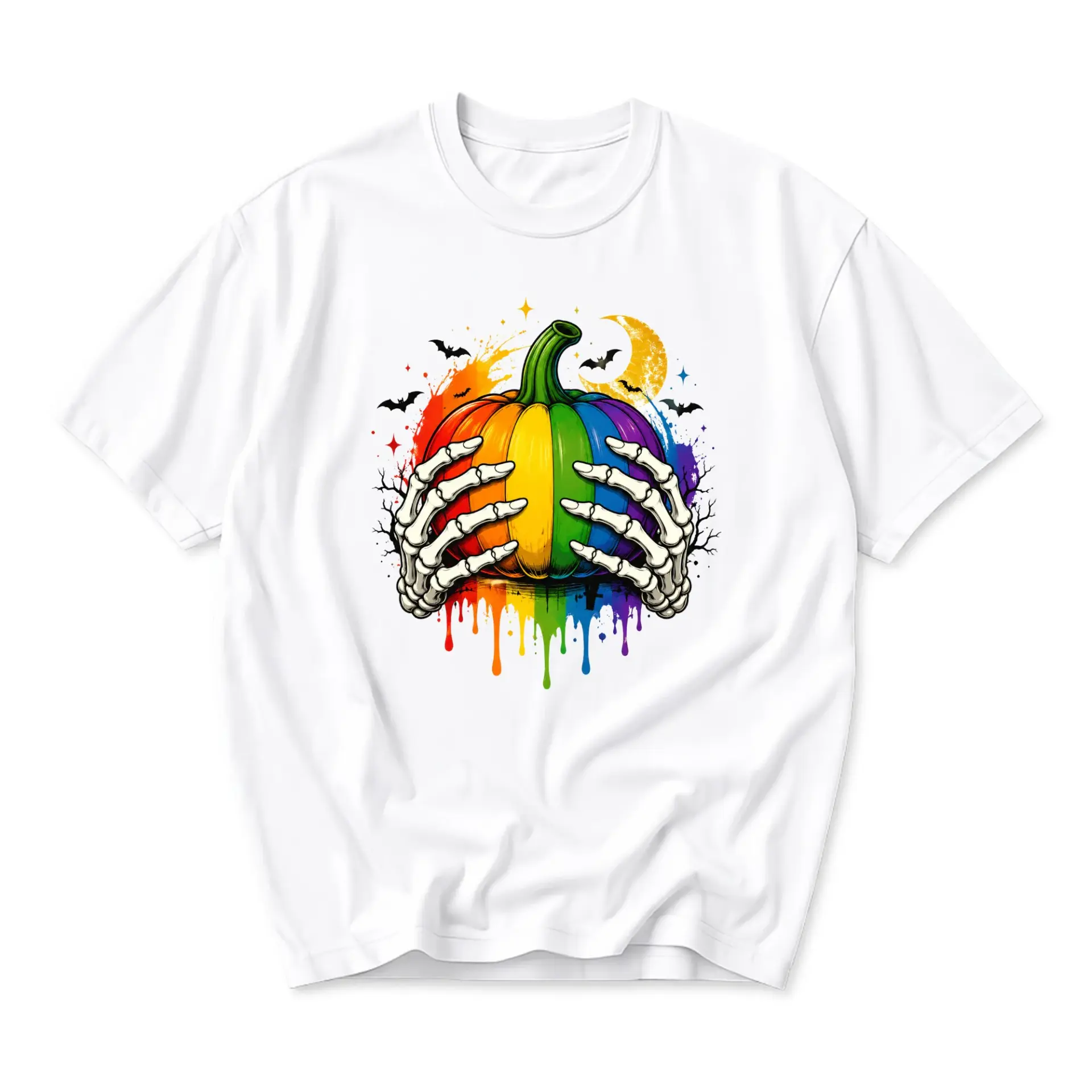 Graphic Tee Unisex Rainbow Pumpkin Skeleton Hands Shirt Colorful Fall Aesthetic Short Sleeve Crew Neck Casual Top