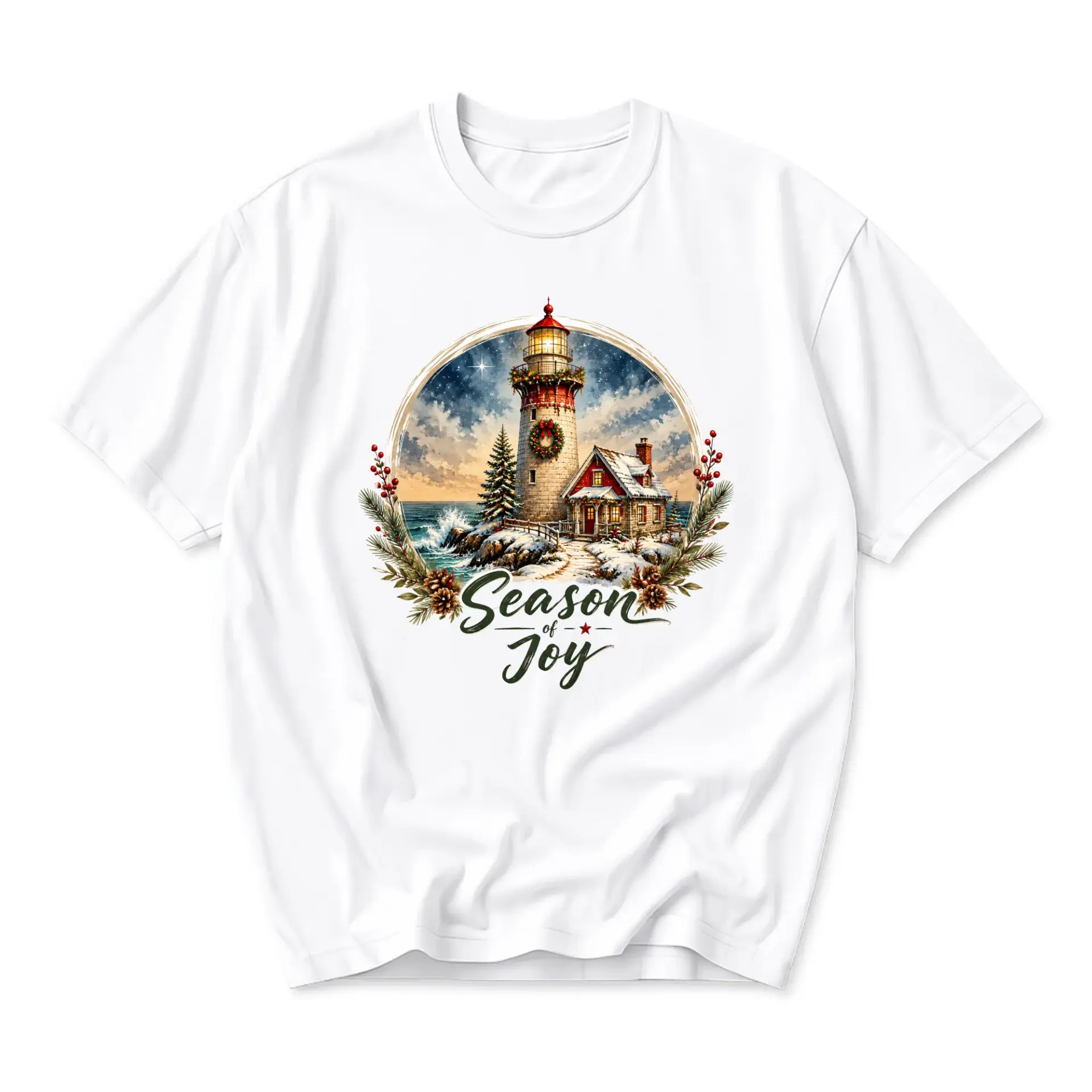 Graphic Tee Season of Joy Lighthouse Scene Print Unisex Crew Neck Casual