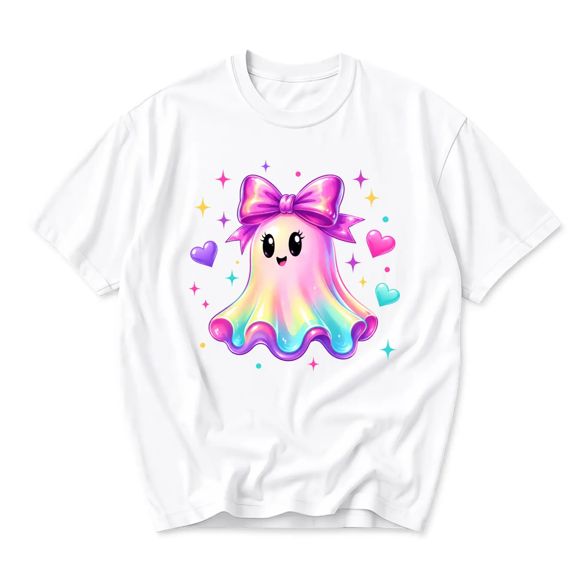 Graphic Tee Cute Pastel Ghost with Bow Illustration Unisex Crew Neck Short Sleeve Cotton Blend Casual Everyday Shirt
