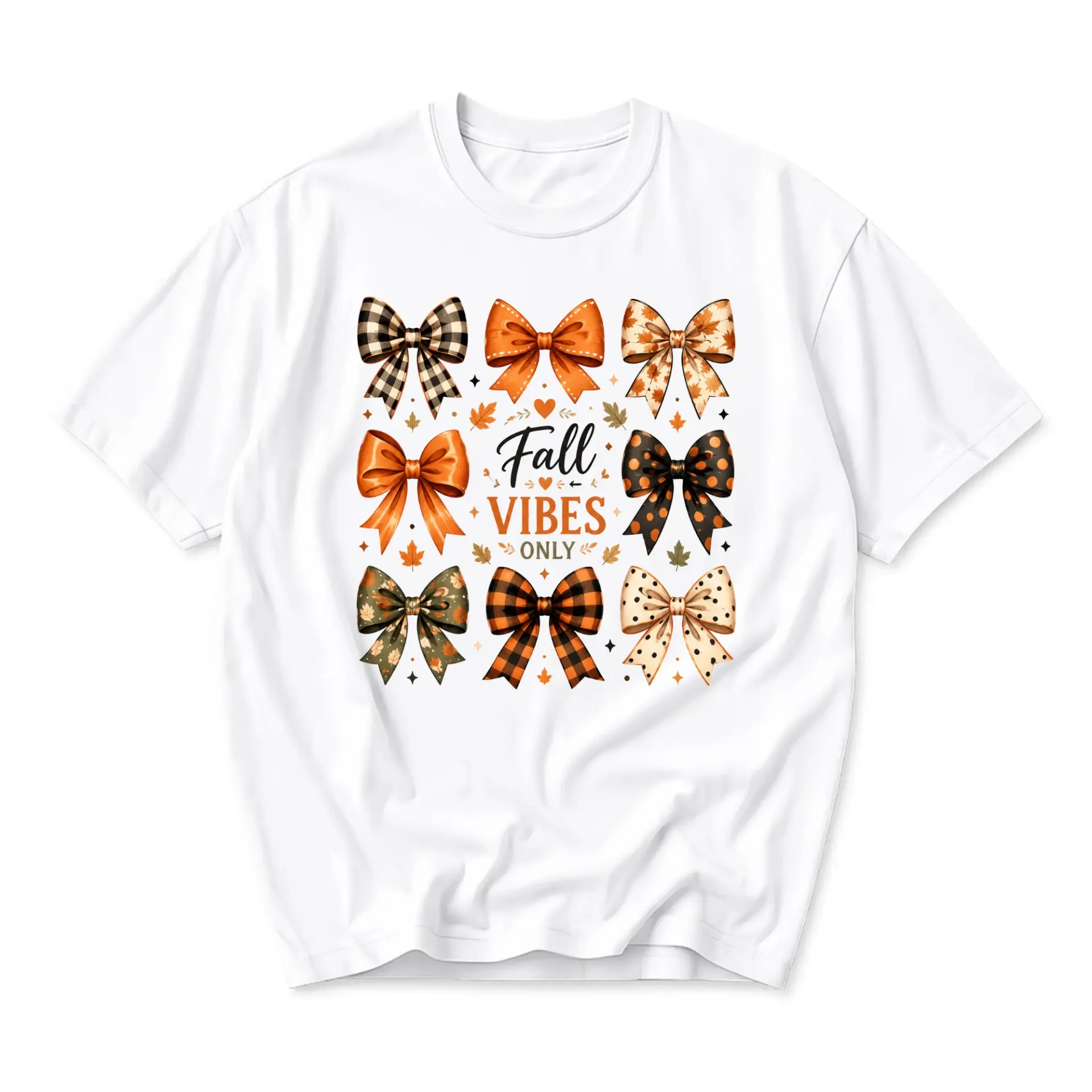 Graphic Tee Fall Vibes Only Shirt Autumn Aesthetic Bow Print T-Shirt Seasonal Casual Unisex Short Sleeve Crew Neck Top