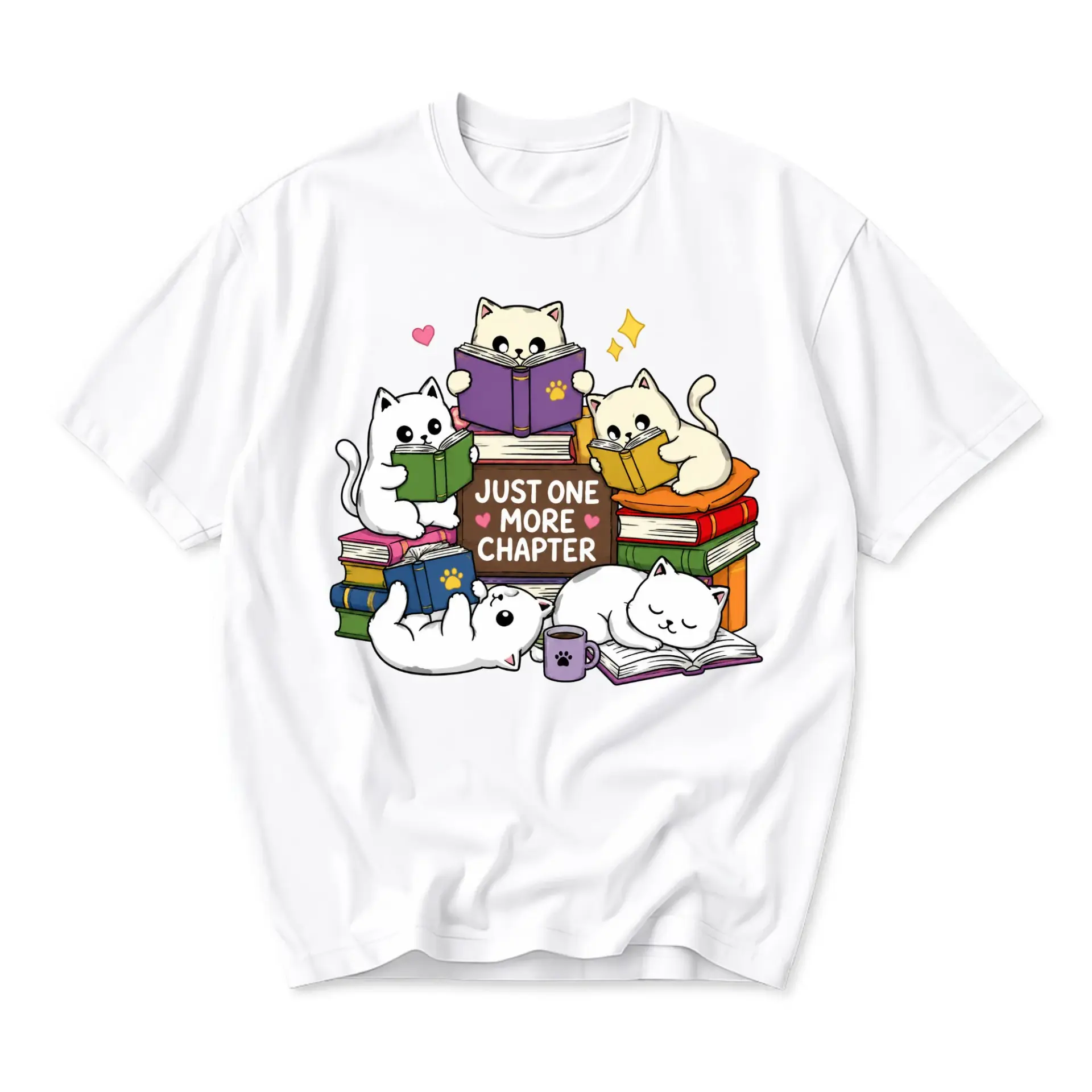 Funny Shirt Just One More Chapter Cute Cats Reading Book Design Unisex Graphic Printed T-Shirt for Casual Wear