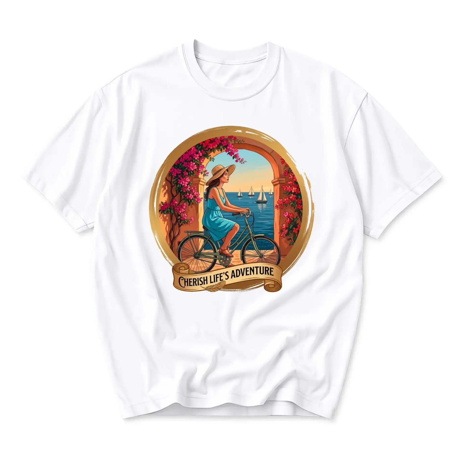 Graphic Tee Unisex Casual Shirt Featuring a Scenic Coastal Bicycling Illustration with Inspirational Text Design