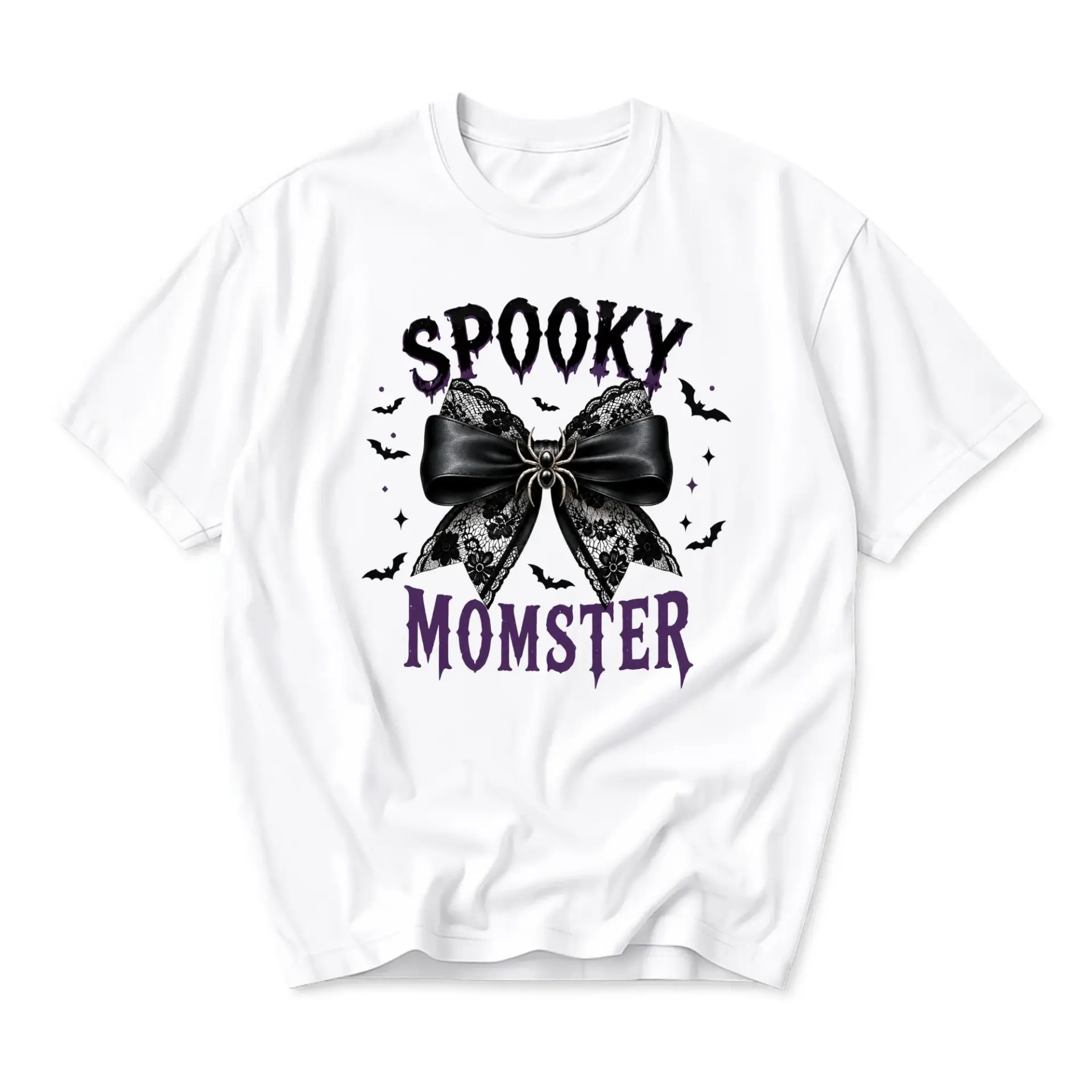 Funny Shirt Spooky Momster Graphic Tee Retro Halloween Bow Design Unisex Crew Neck Short Sleeve Cotton Apparel White