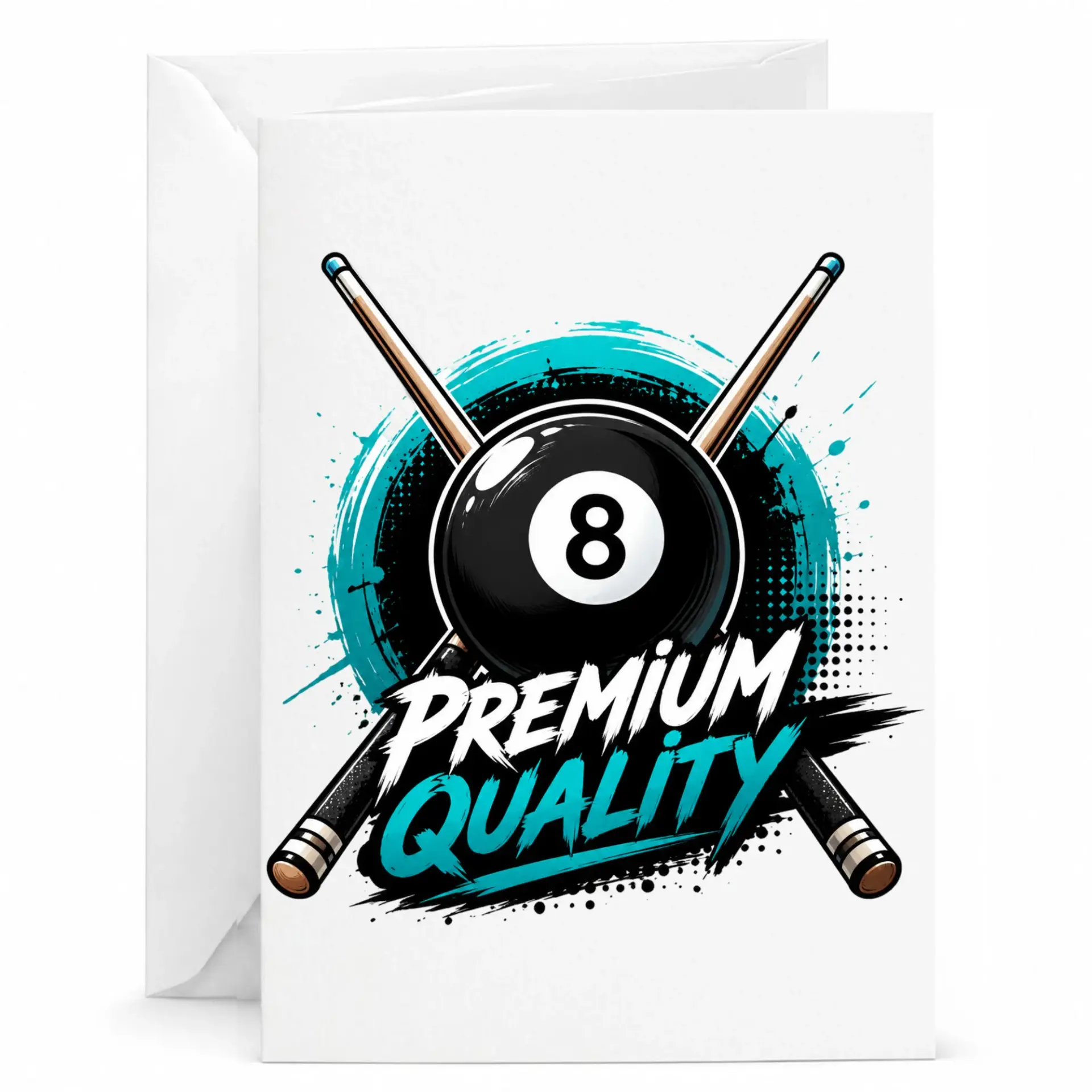 Greeting Card for Billiards Enthusiasts Featuring Eight Ball and Cue Sticks Design for Sport Lovers and Fans