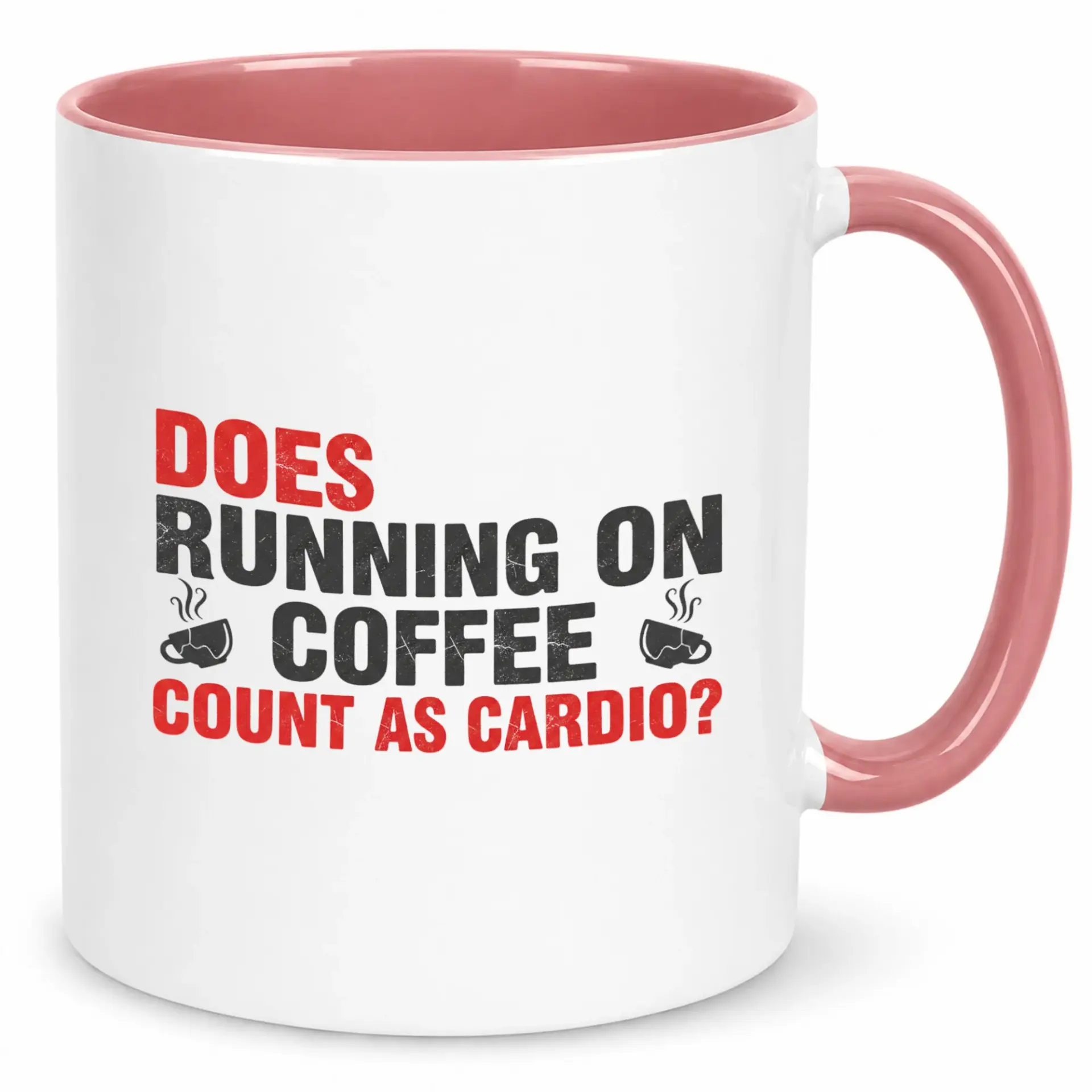 Funny Coffee Mug for Lovers Does Running on Count as Cardio? Unique Ceramic Beverage Cup with Pink Handle and Interior