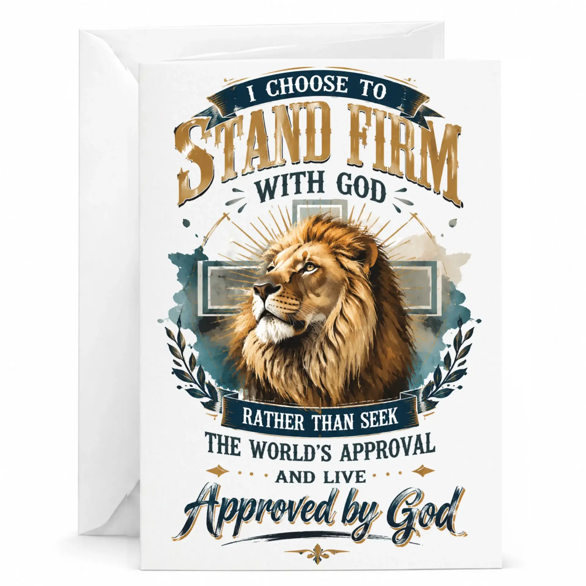 Greeting Card with Religious Lion Illustration Inspirational Faith Design Stand Firm with God Message for Special Occasion
