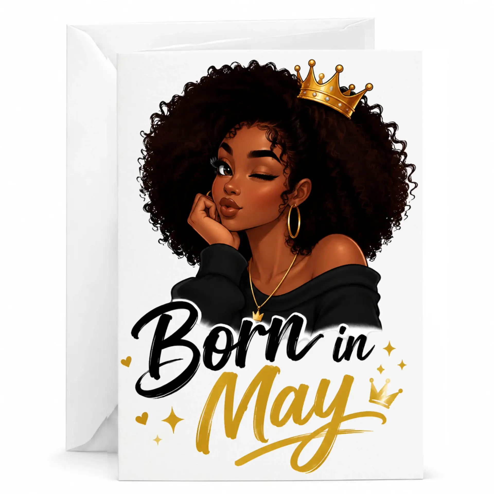 Birthday Greeting Card Born in May Elegant Woman with Natural Afro Hair and Golden Crown Illustration Design