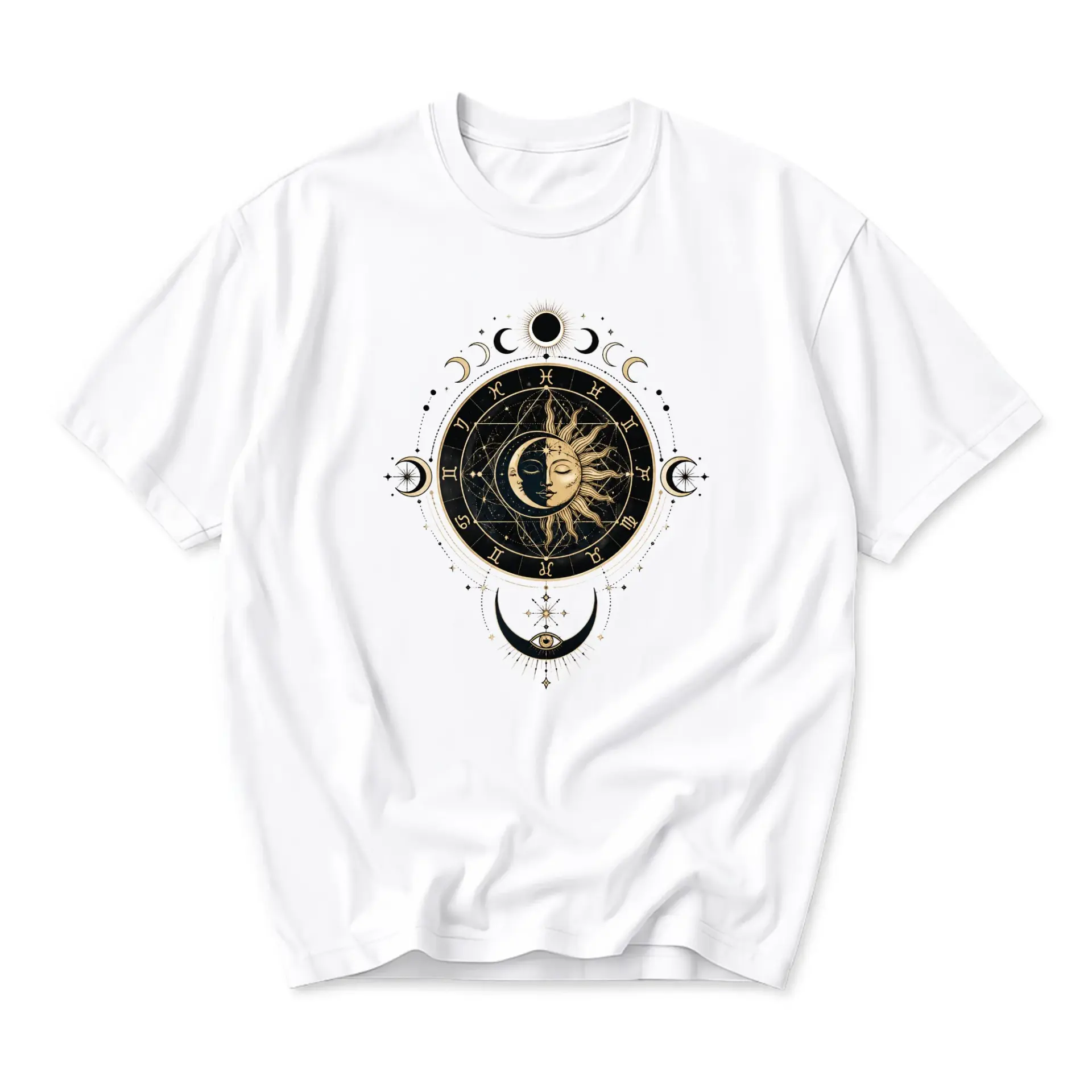 Graphic Tee Unisex Celestial Sun and Moon Astrology Zodiac Wheel Print Short Sleeve Casual Everyday Cotton Shirt