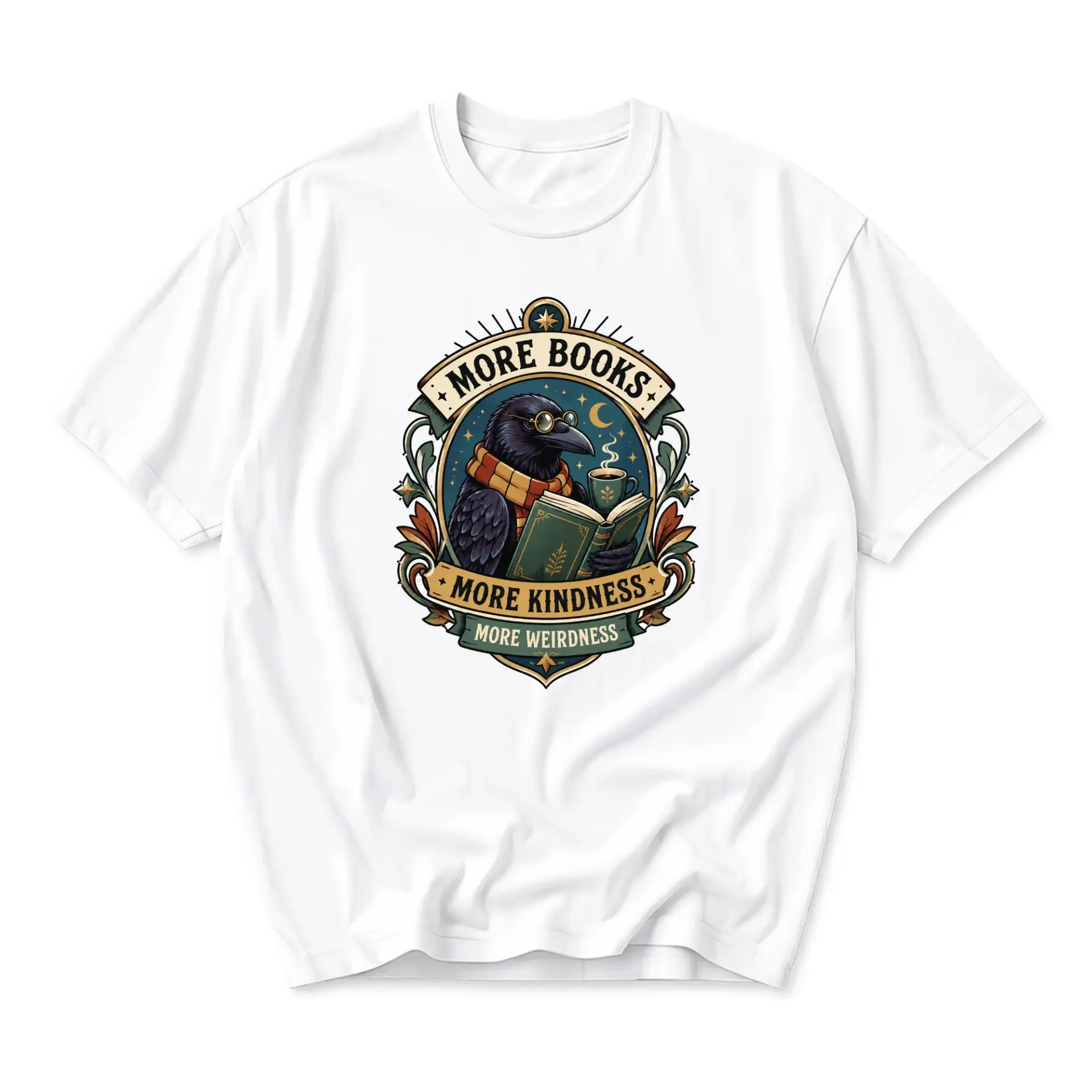 Graphic Tee More Books More Kindness More Weirdness Literary Raven Bird Lover Unisex Crew Neck Cotton T-Shirt White