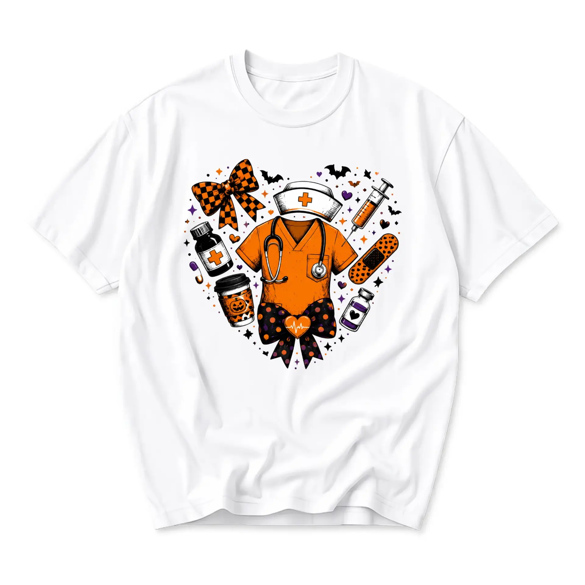 Graphic Tee Unisex Crew Neck T-Shirt Featuring Spooky Nurse Theme with Heart Shaped Medical and Fall Motifs