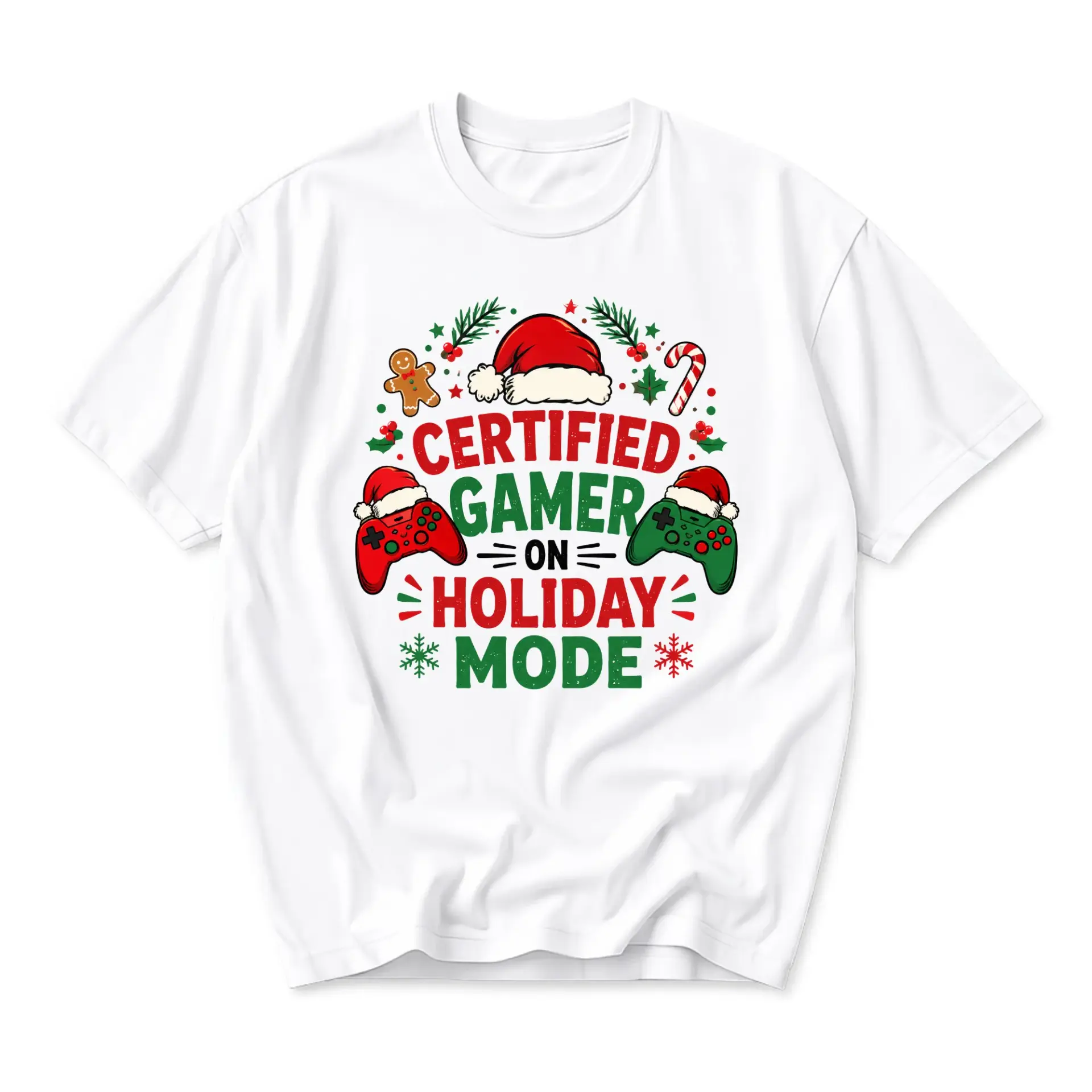 Funny Shirt Certified Gamer on Holiday Mode Christmas Video Game Graphic Tee Unisex Casual Short Sleeve Cotton Top