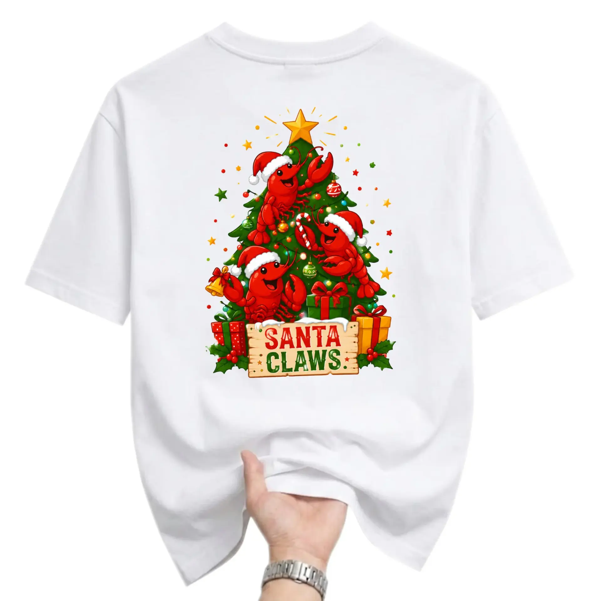 Funny Shirt Santa Claws Lobster Christmas Tree Graphic Tee Unisex Crew Neck Short Sleeve Casual Holiday Apparel