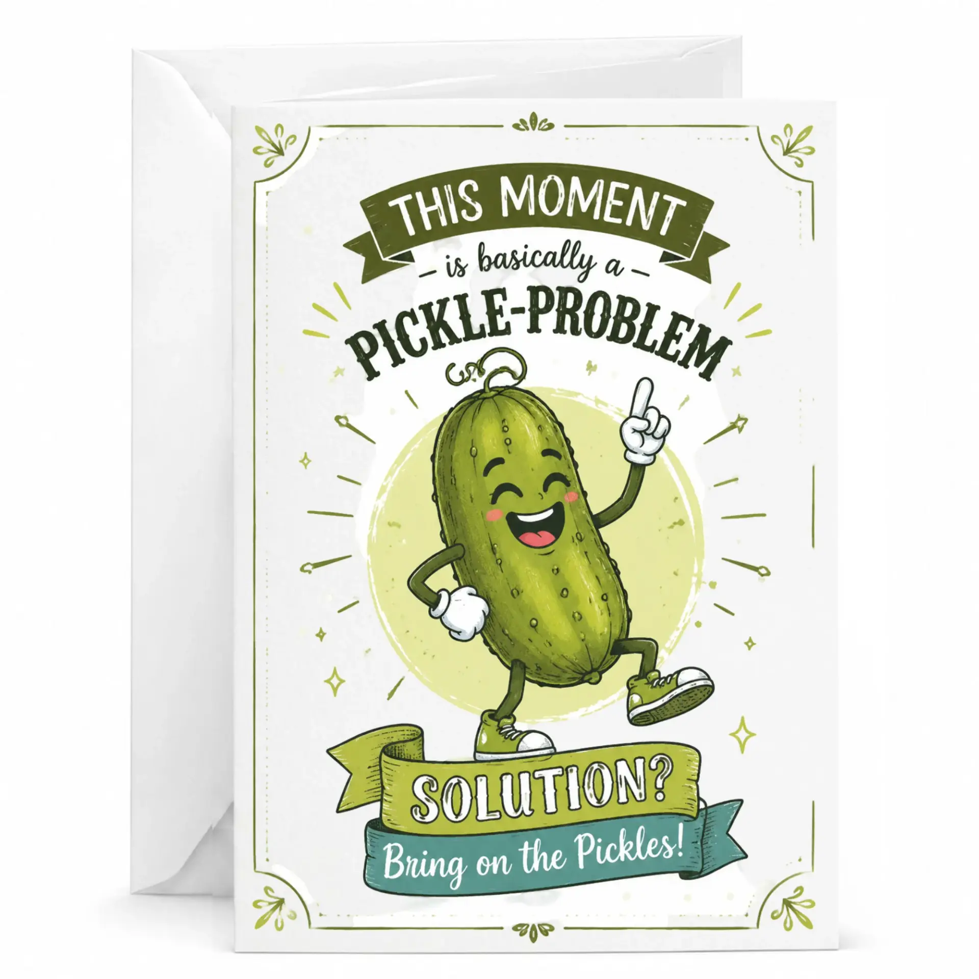 Funny Pickle Pun Greeting Card with Envelope, Humorous Cartoon Vegetable Design, Quirky Food Themed Note for Friends