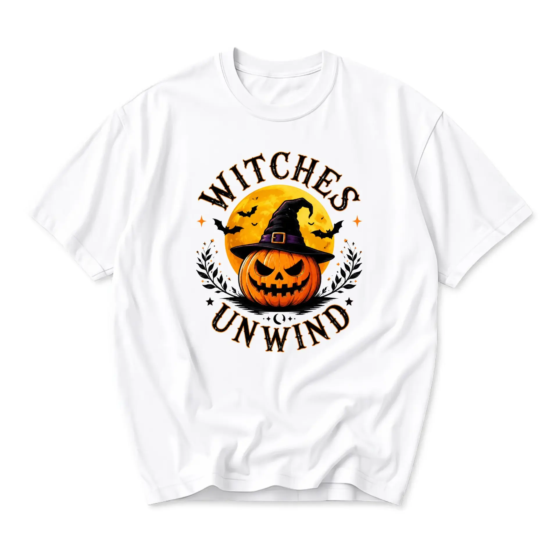 Graphic Tee Witches Unwind Halloween Pumpkin Art Shirt Unisex Crew Neck Short Sleeve Casual Cotton Blend Apparel