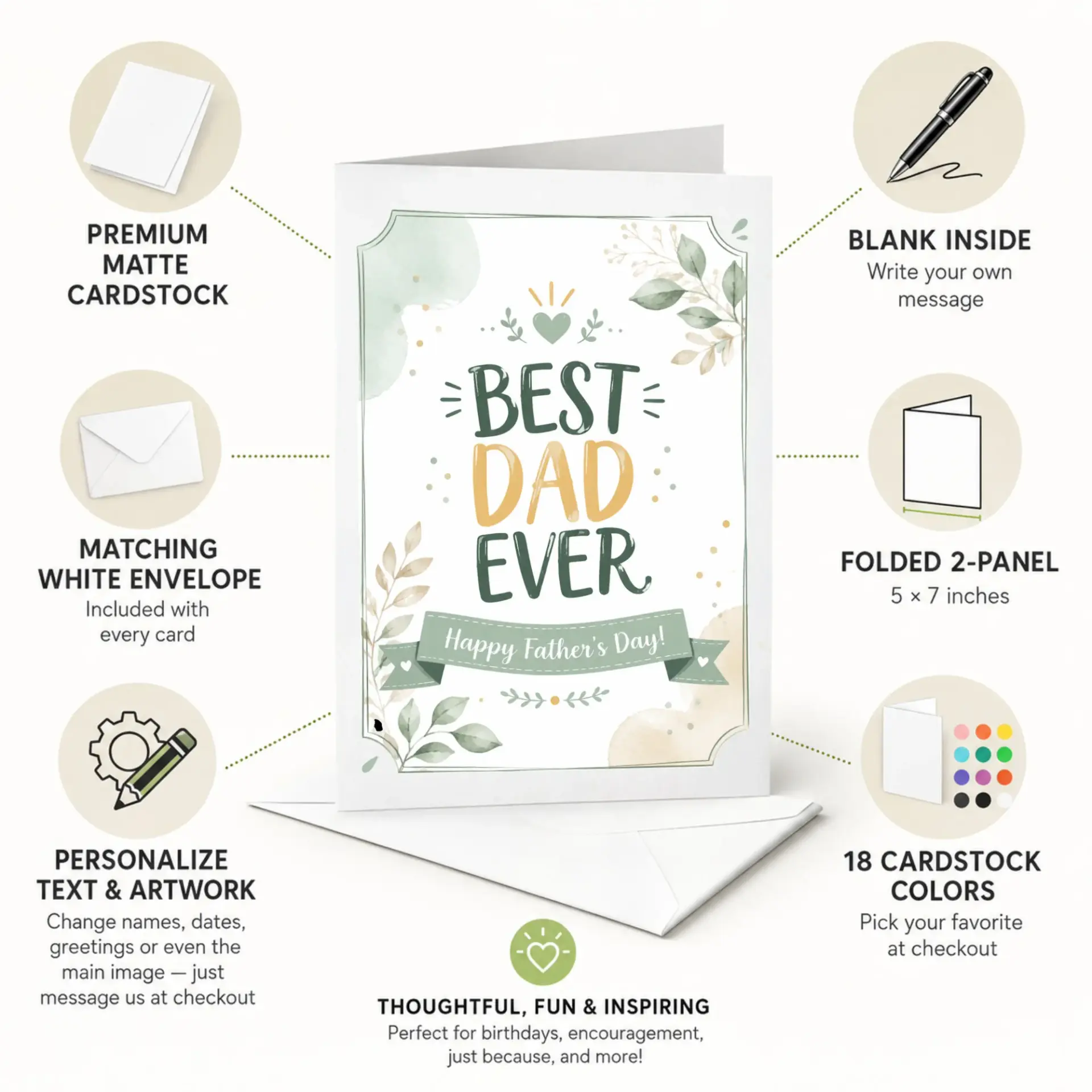 Best Dad Ever Greeting Card with Envelope, Botanical Father's Day Card, Neutral Green and Gold Leaf Design