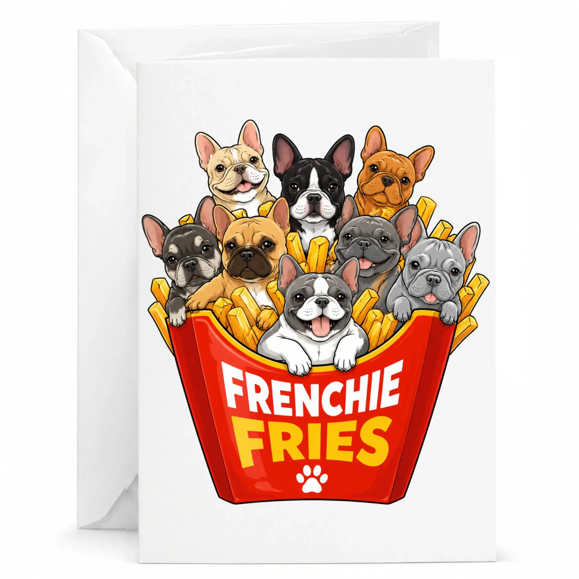 Funny Frenchie Fries Greeting Card Featuring Adorable French Bulldog Puppies Illustration for Dog Lovers