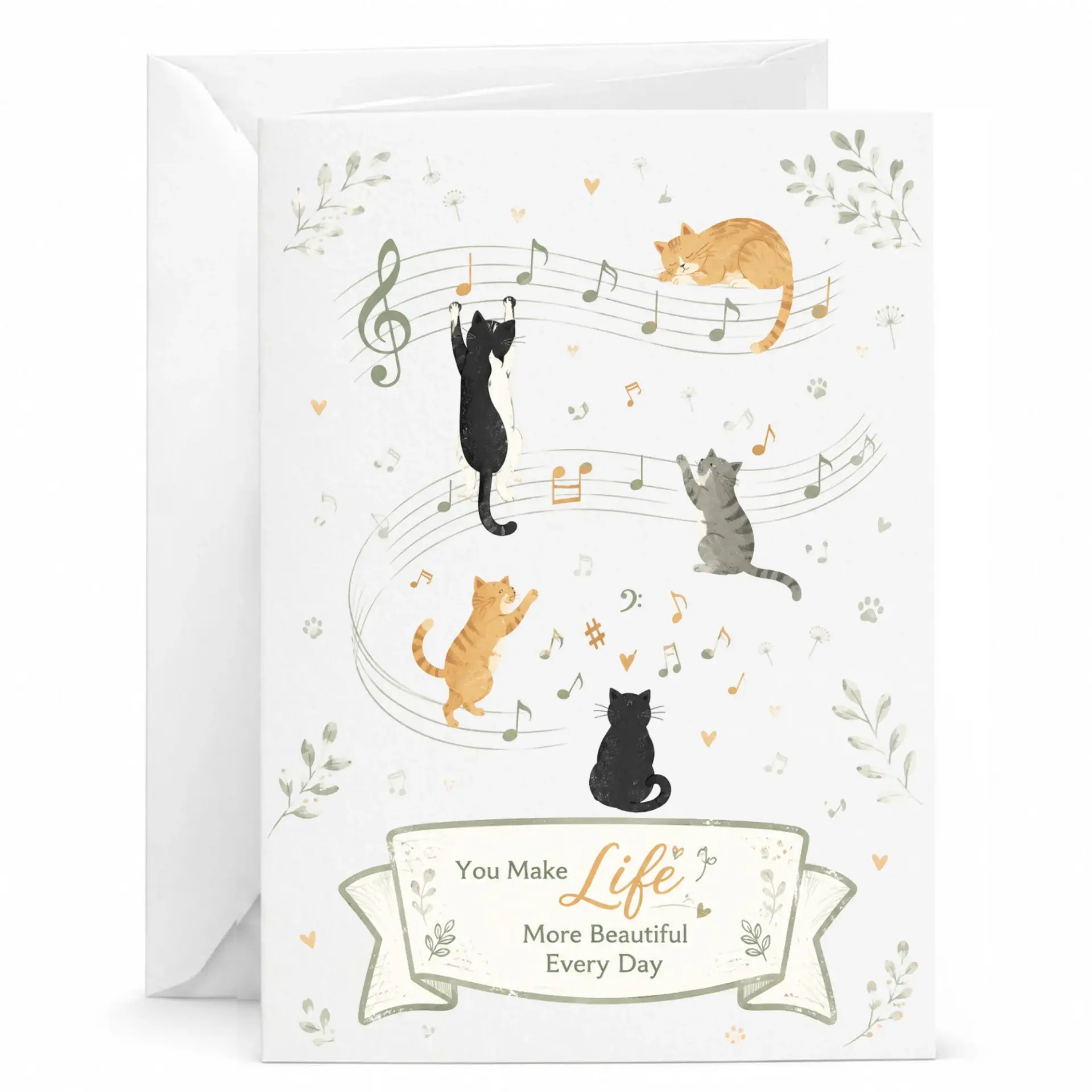 Greeting Card with Cute Musical Cats and Floral Accents for Any Occasion Featuring Heartfelt