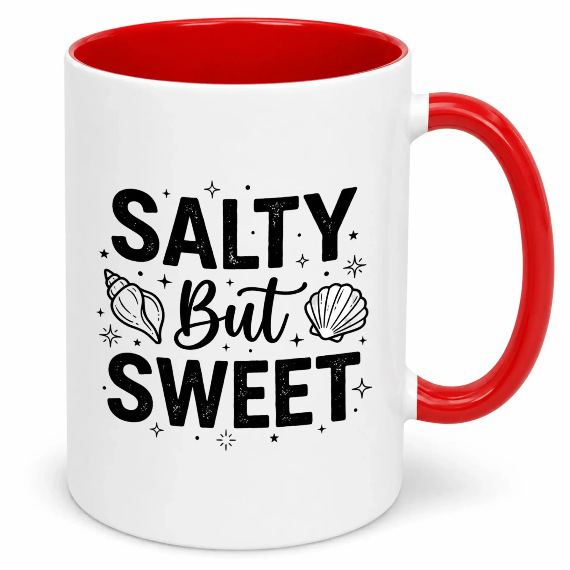 Salty but Sweet Coffee Mug | Humorous Beach Themed White Ceramic Tea Cup with Red Handle | Coastal Drinkware Gift