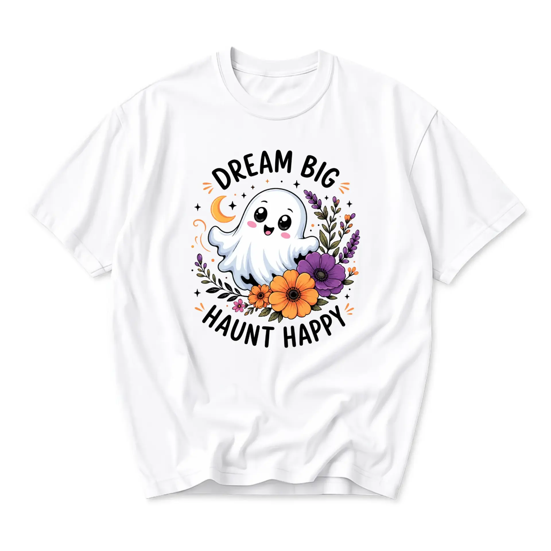 Graphic Tee Dream Big Haunt Happy Cute Ghost Floral Illustration Unisex Casual Short Sleeve Crew Neck T-Shirt
