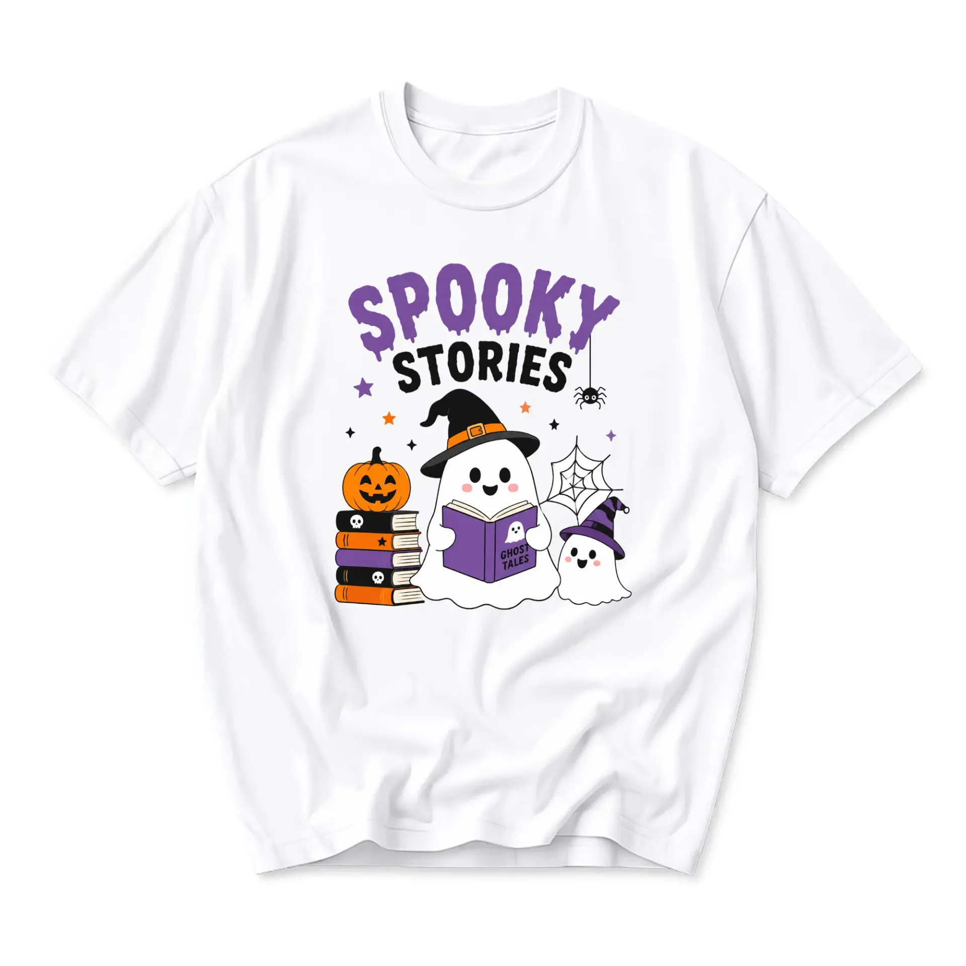 Funny Shirt Spooky Stories Ghost Reading Book Graphic Tee Cute Halloween Theme Unisex Crew Neck Short Sleeve Casual Top