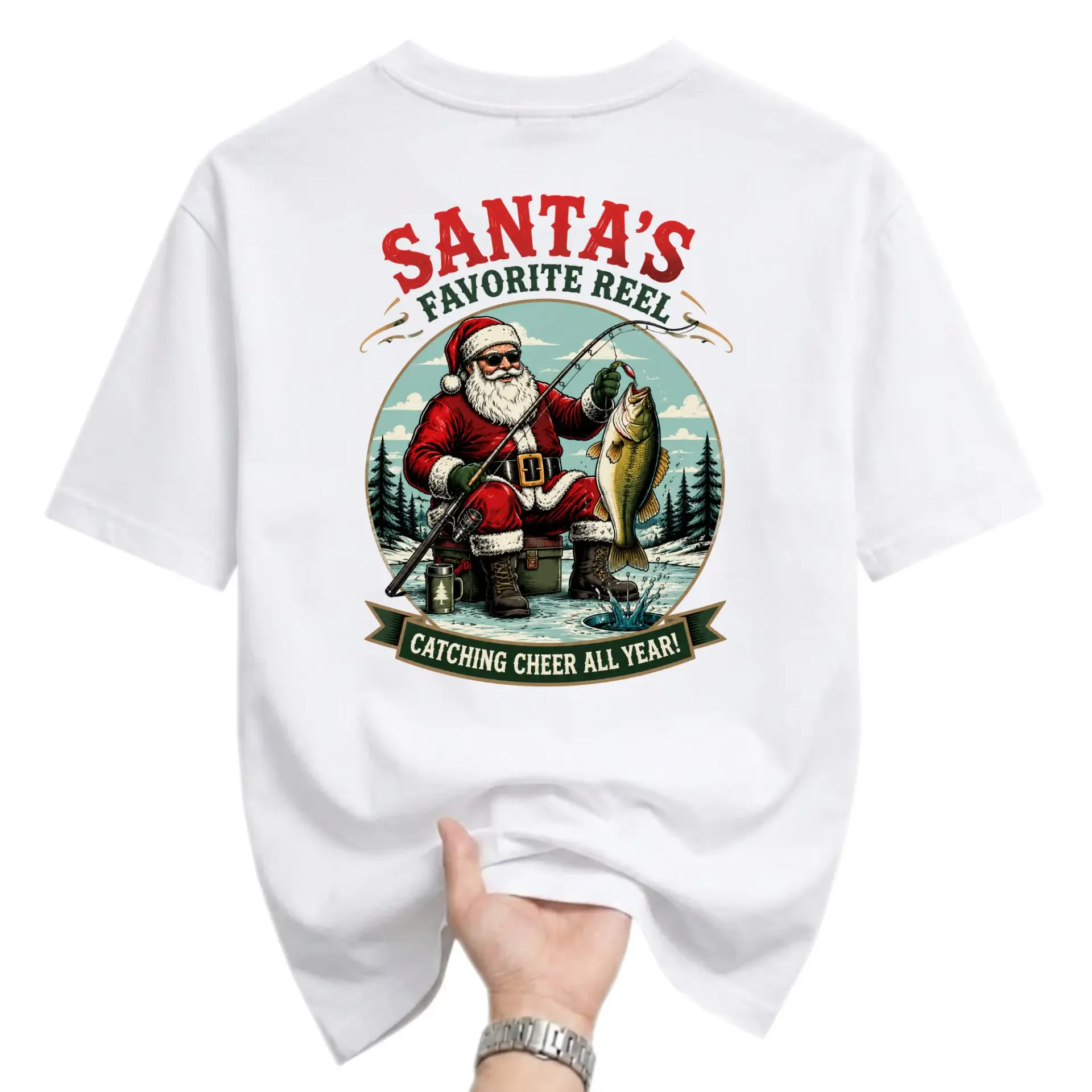 Funny Shirt Santa Fishing Graphic Tee Holiday Unisex Crew Neck Casual Cotton Blend Short Sleeve Apparel for Adults