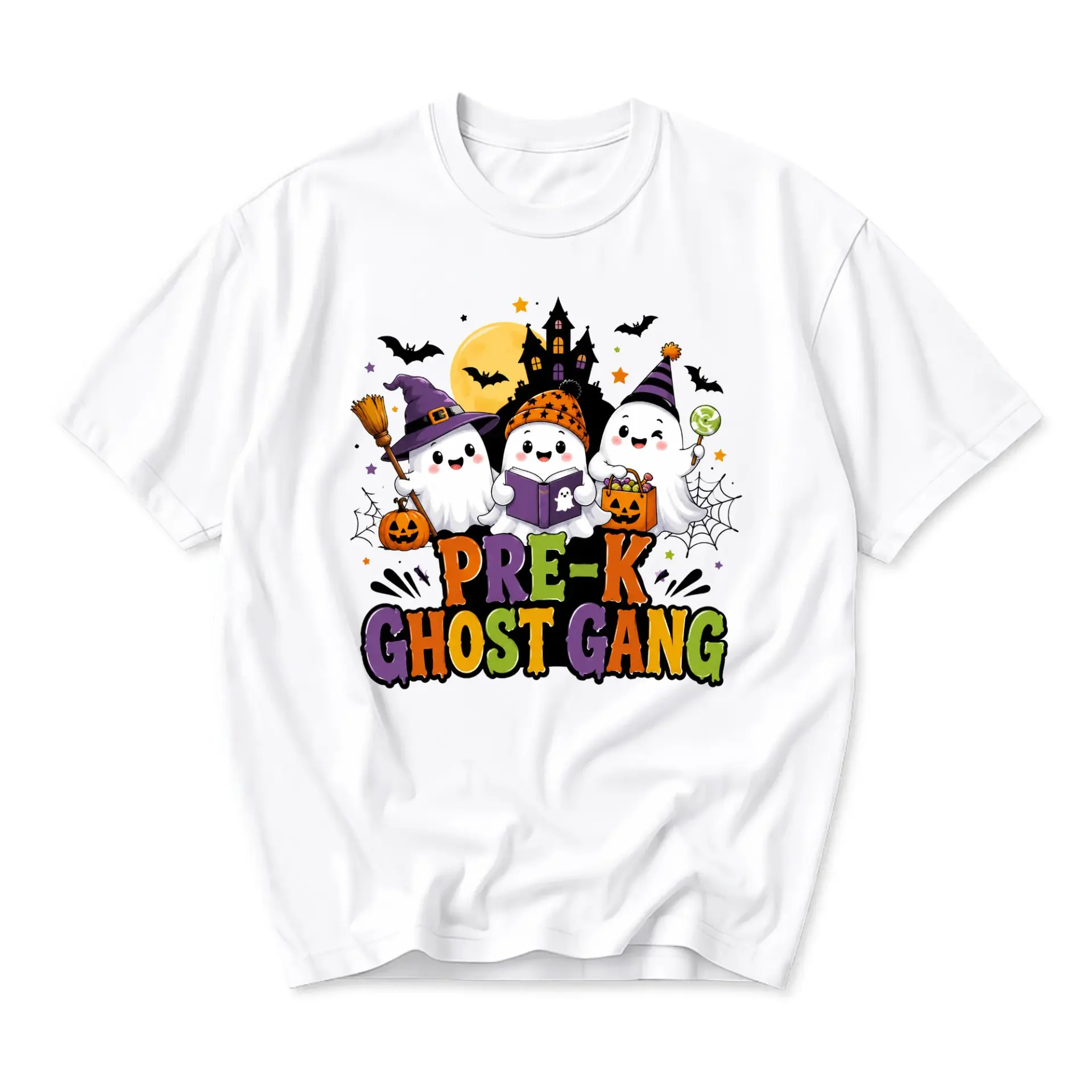 Funny Shirt Pre-K Ghost Gang Halloween Graphic Tee Cute Fall Season Holiday Outfit Unisex Crew Neck Casual Cotton Top
