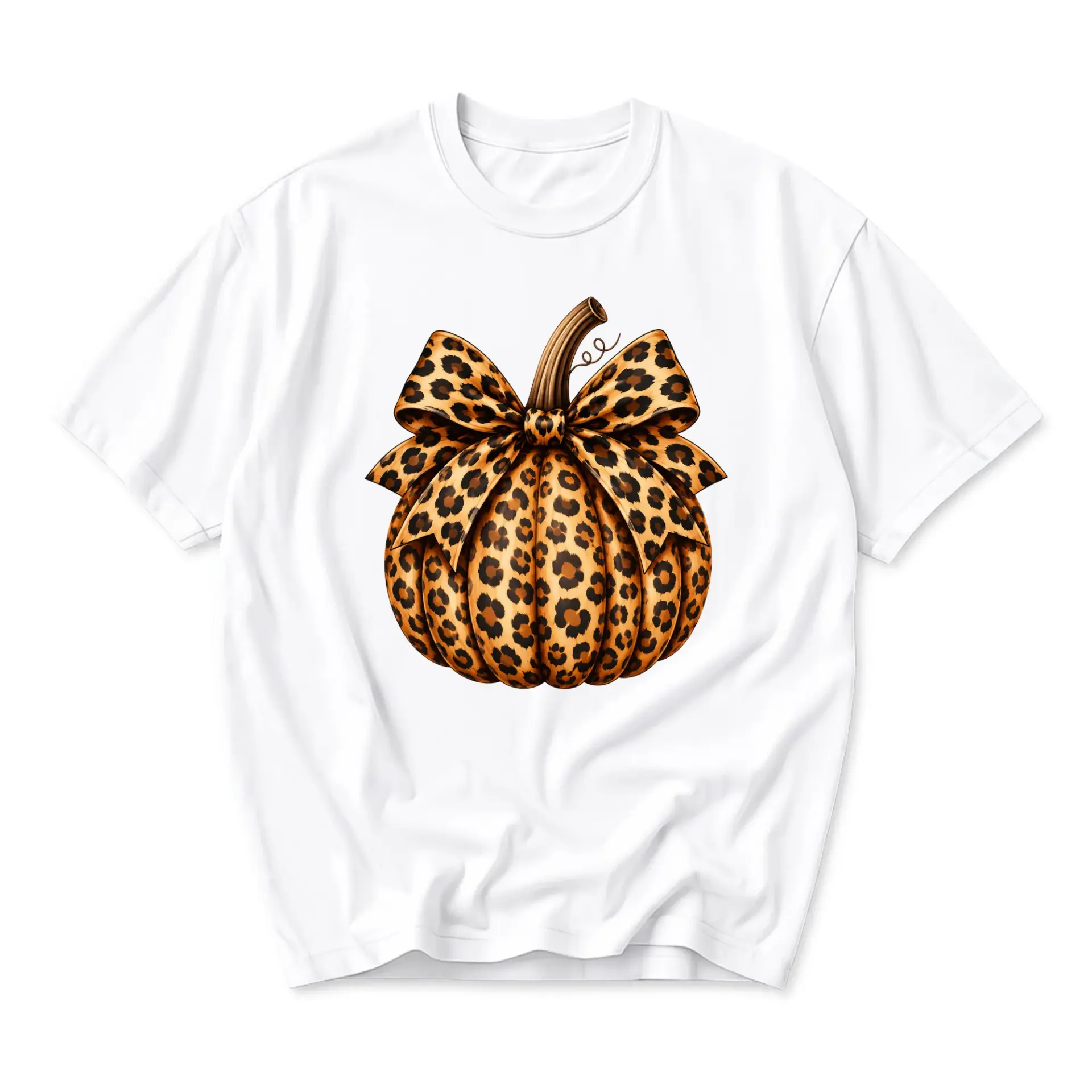 Graphic Tee Unisex Crew Neck T-Shirt Featuring Leopard Print Pumpkin Seasonal Illustration Casual Autumn Apparel