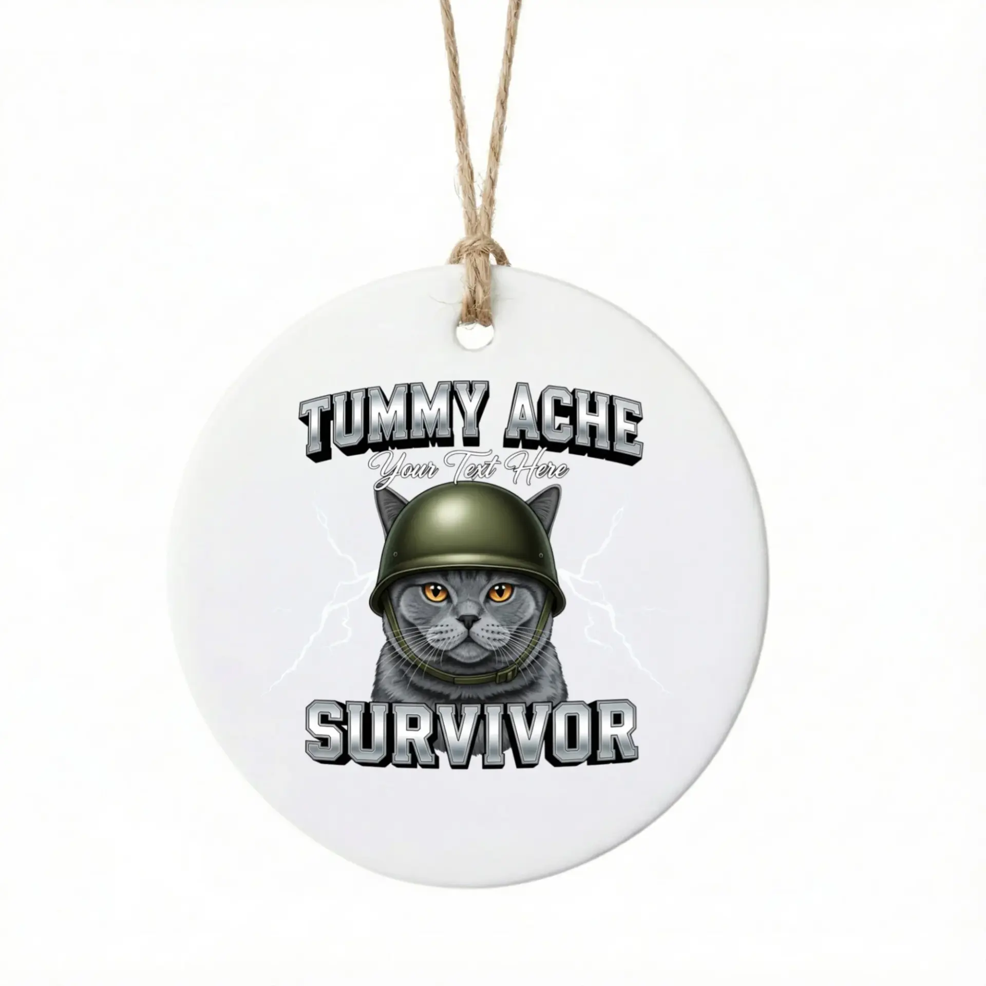 Christmas Ornament Tummy Ache Survivor Funny Cat Ceramic Hanging Decoration for Holiday Tree and Home Decor Keepsake