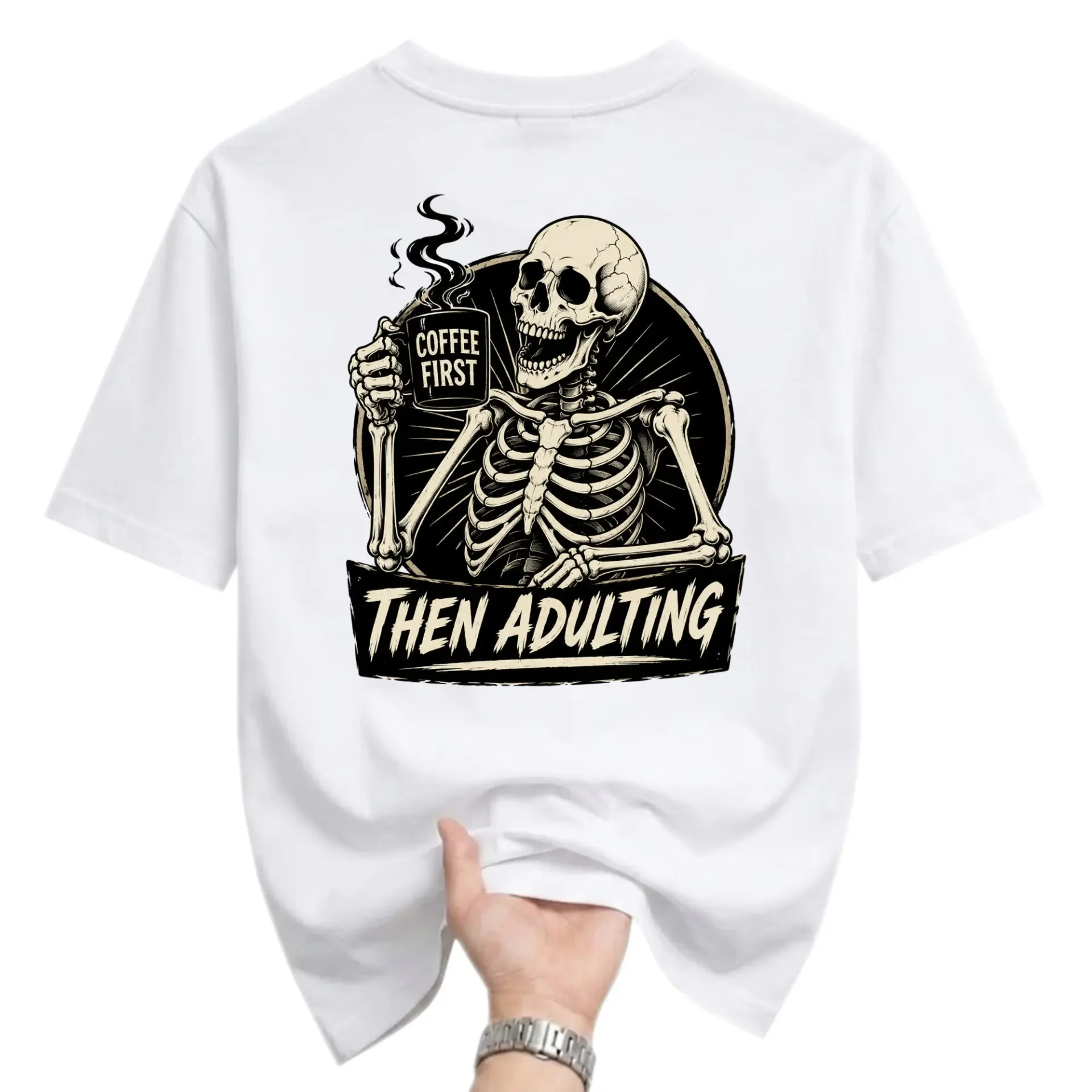 Funny Shirt Coffee First Then Adulting Skeleton Graphic Tee Unisex Crew Neck Casual Cotton Blend Soft Print Top
